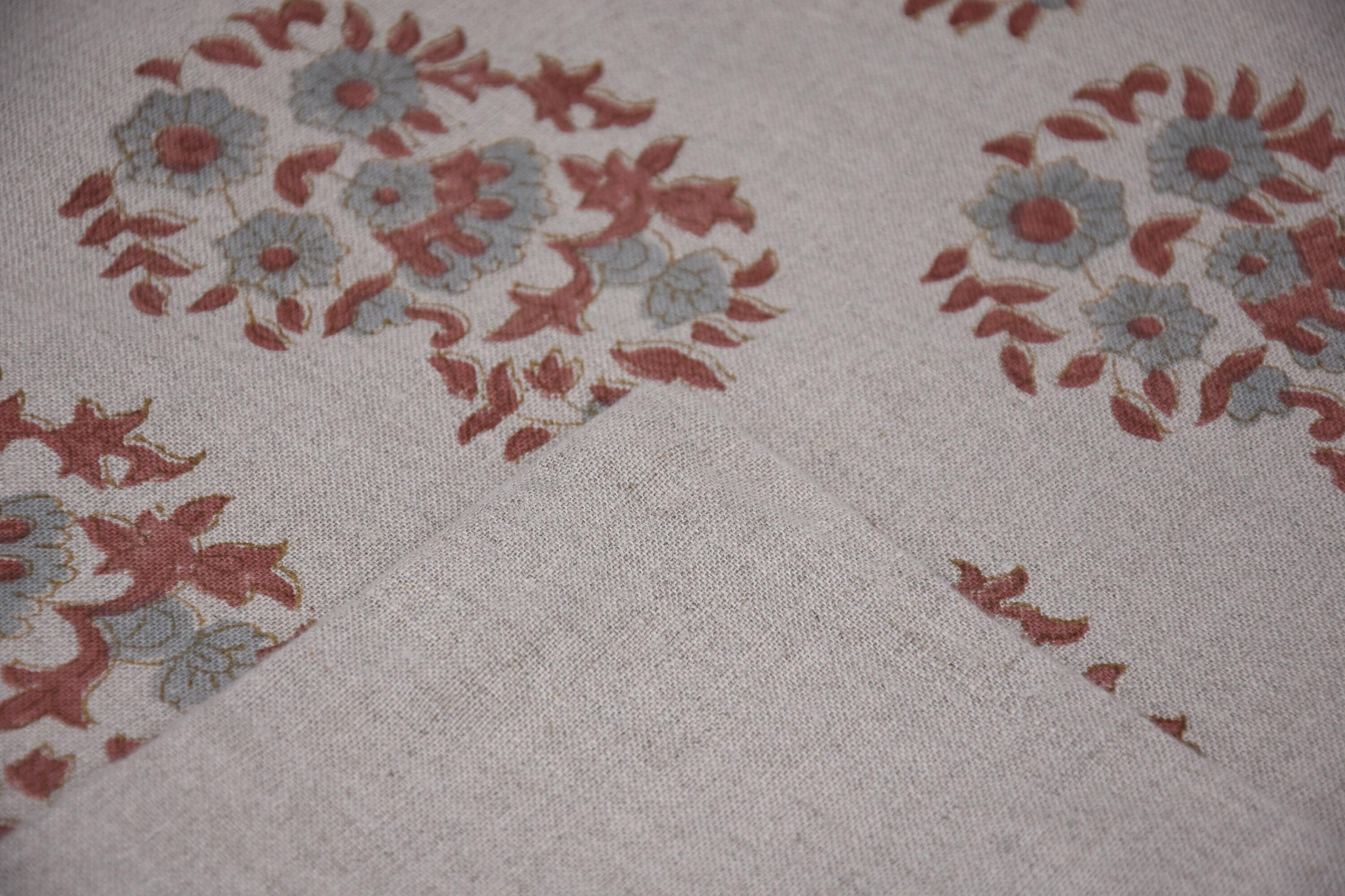 Indian Block Printed 100% Pure Linen Rust Brown & Pastel Blue Floral Fabric for Decorative Cushion Covers – Anarkali