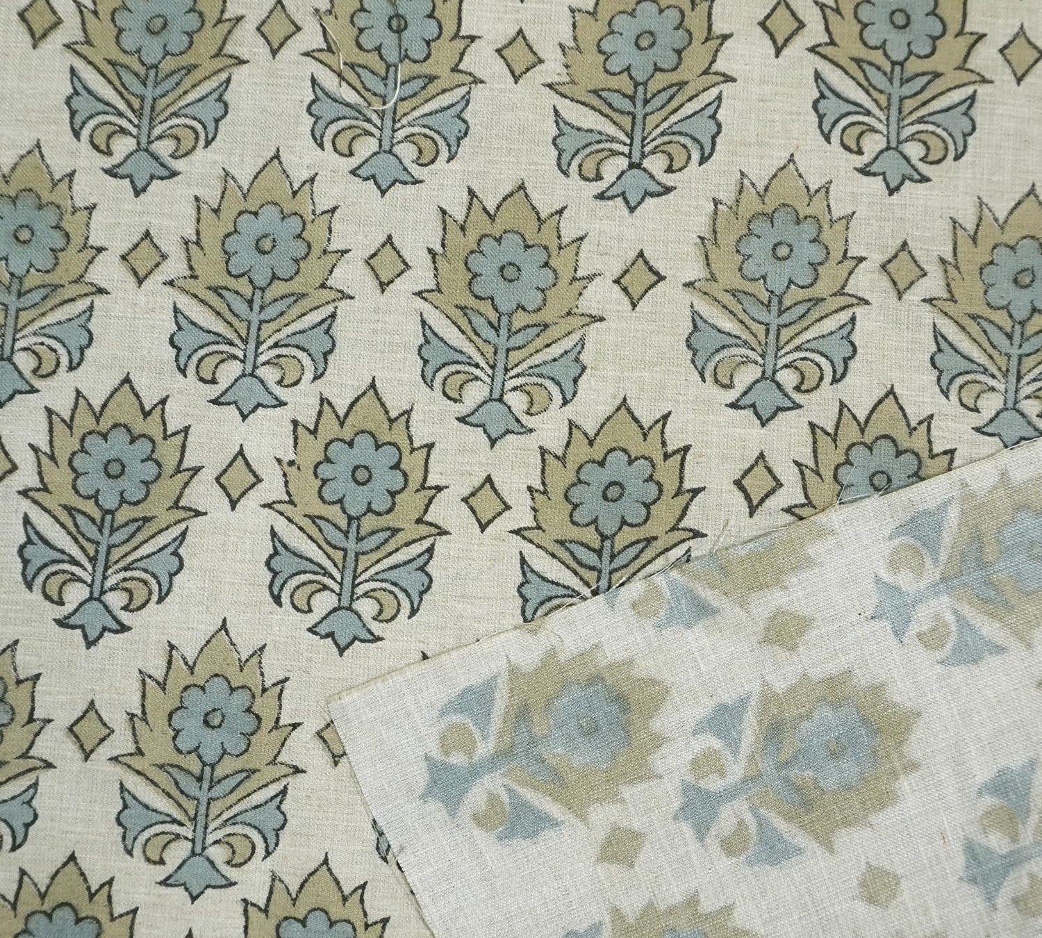 Linen Block Print Fabric Linen Blend 58 Inch Width Light Weight Linen Natural Base Color Curtains and Drapes Upholstery Handmade Art Pillow Covers Tablecloths and Runners Lampshades Napkins by Fabritual