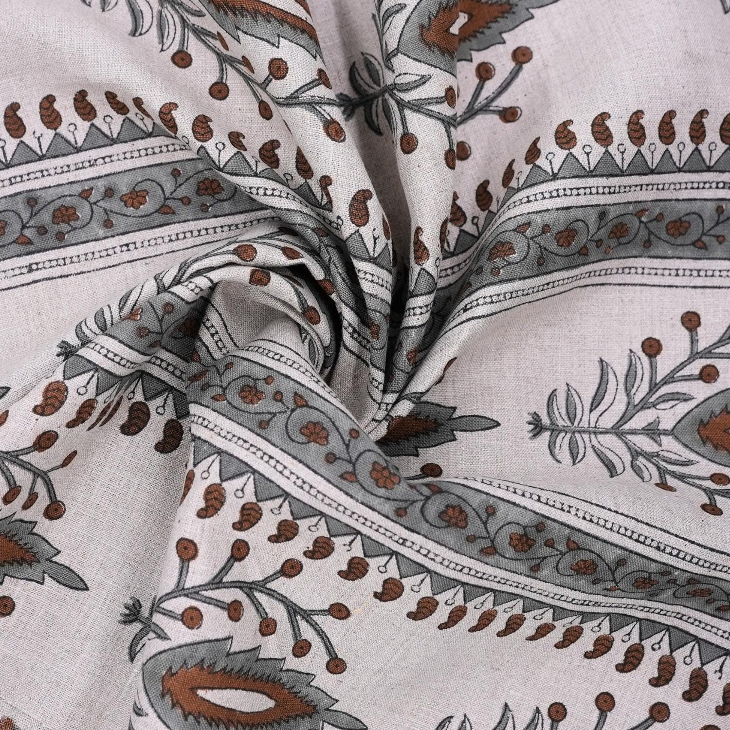 Indian Handmade Art Brown and Gray Floral Decorative Cushion Cover Fabric on Pure Linen - Nirja