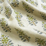 Handcrafted Pure Linen Green and Gray Leaf Floral Block Printed Fabric in Medium Weight Upholstery for Cushions - GULNAARI