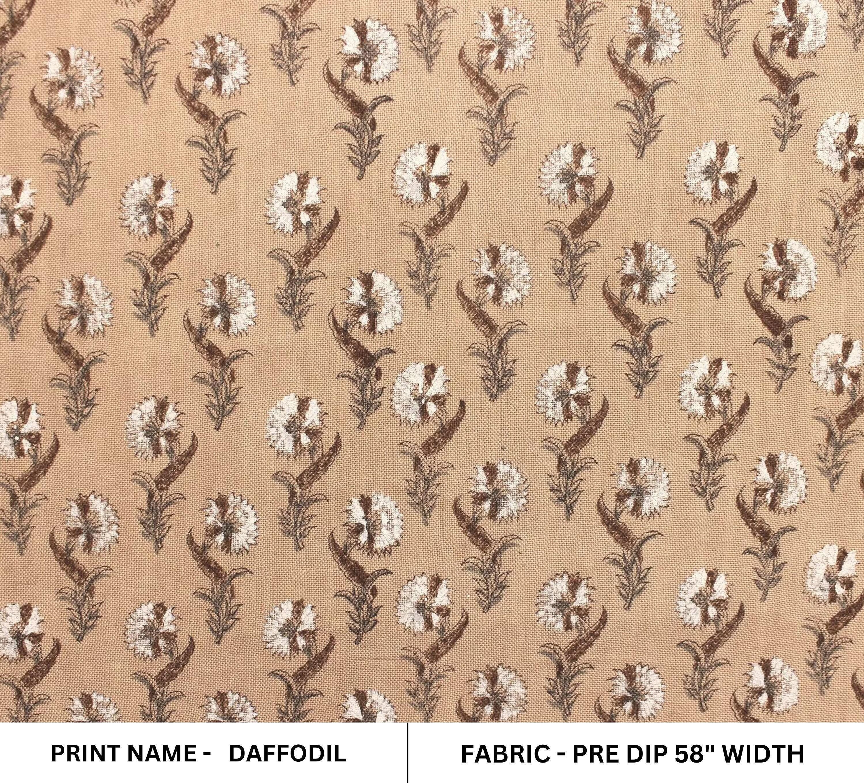 Hand Block Printed Brown and Dark Vanilla Floral Throw Pre Dip Fabric for Farmhouse Decor - Daffodil