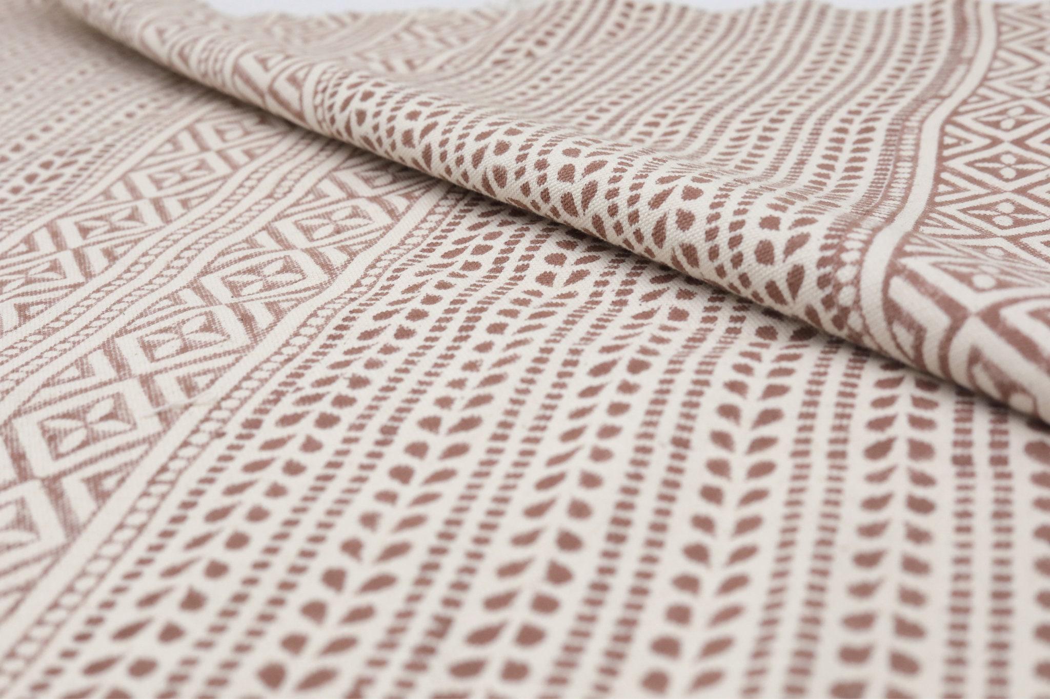 Cotton Block Print Fabric 50 Inch Width Medium Weight Duck Canvas Beige Base With Brown Color Design To Make Pillow Covers Tablecloths and Runners Bedding Tote Bag Lampshades Napkins by Fabritual