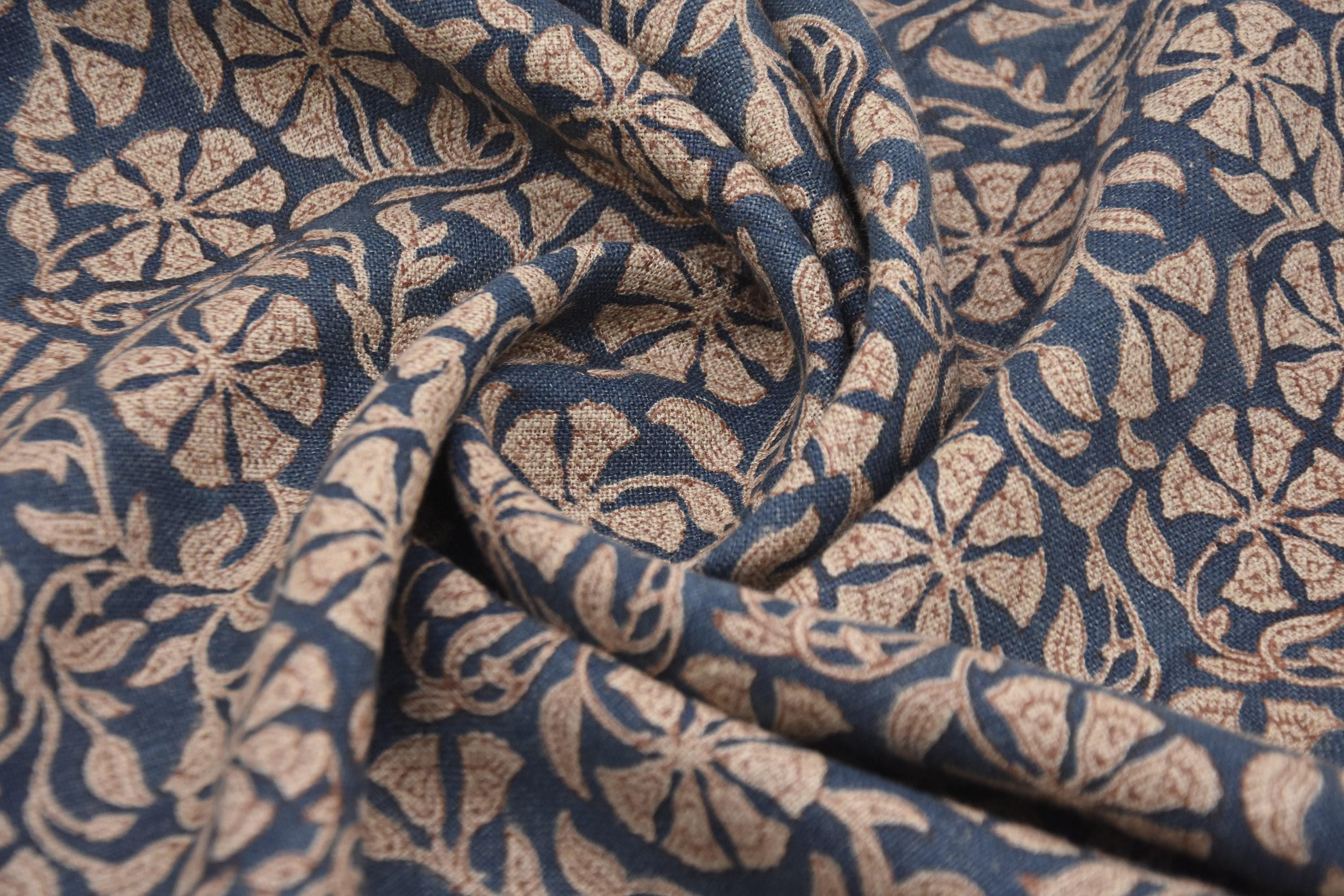 Linen Block Print Fabric 58 Inch Width Heavy Weight Linen Natural Base Color Curtains and Drapes Upholstery Handmade Art Pillow Covers Tablecloths and Runners Bedding Tote Bag Lampshades by Fabritual