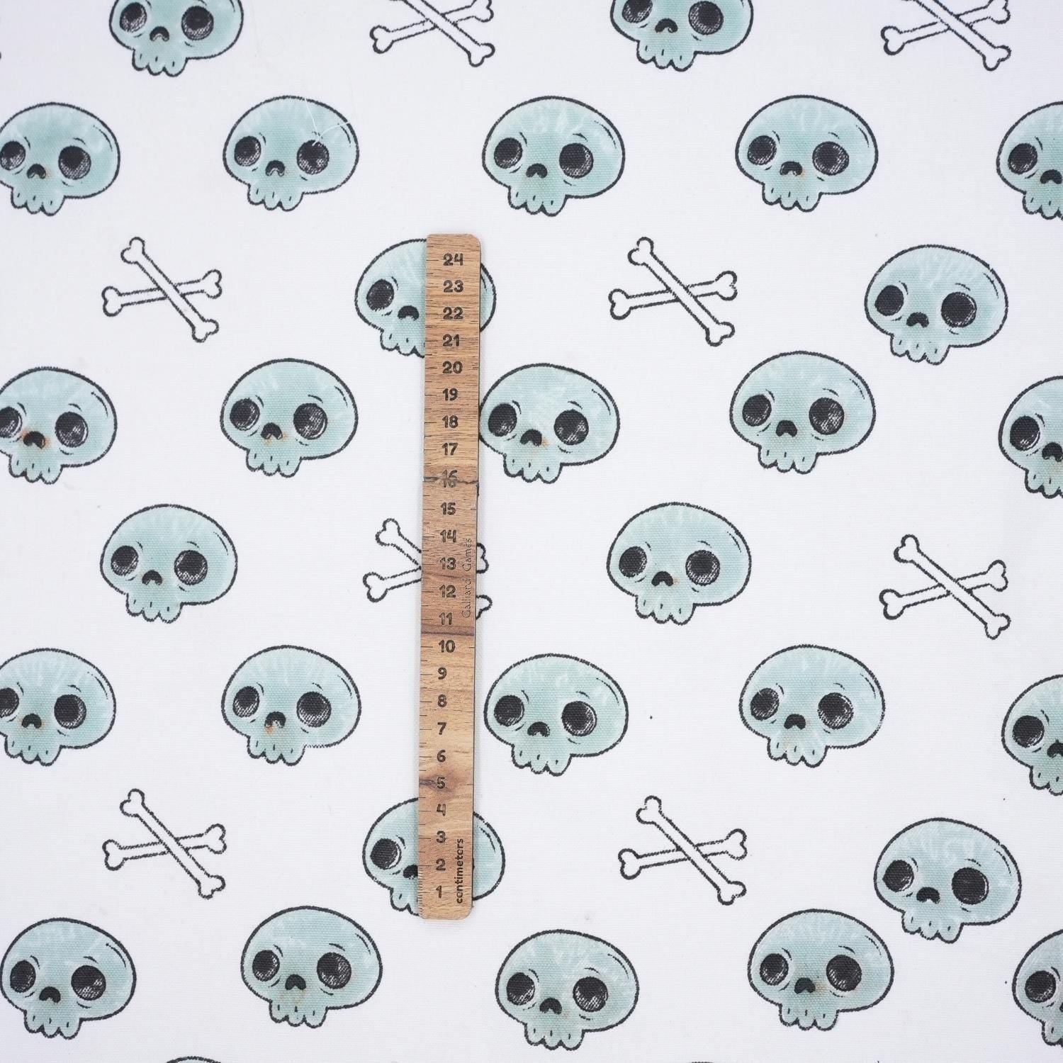 Indian Art Skeleton Print in Blue and Black Handmade Thick Cotton White Halloween Fabric for Table Cover