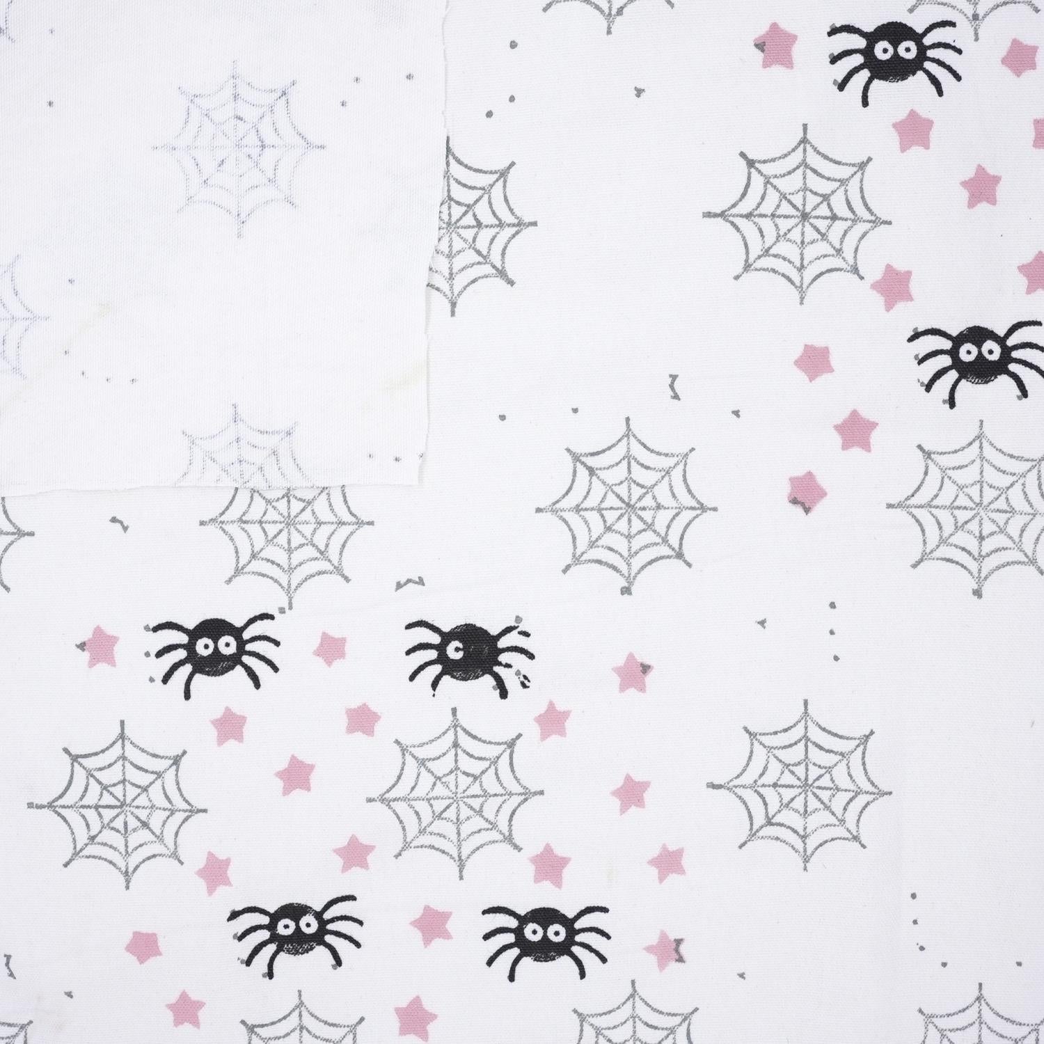 Indian Hand Block Black and Gray Spider Print Cuchion Cover Fabric for Halloween Decor in Thick Cotton White