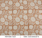 Block Printed Duck Canvas Fabric in Mediumweight Material in Bronze and Beige Floral for Window Curtains - RAJAT