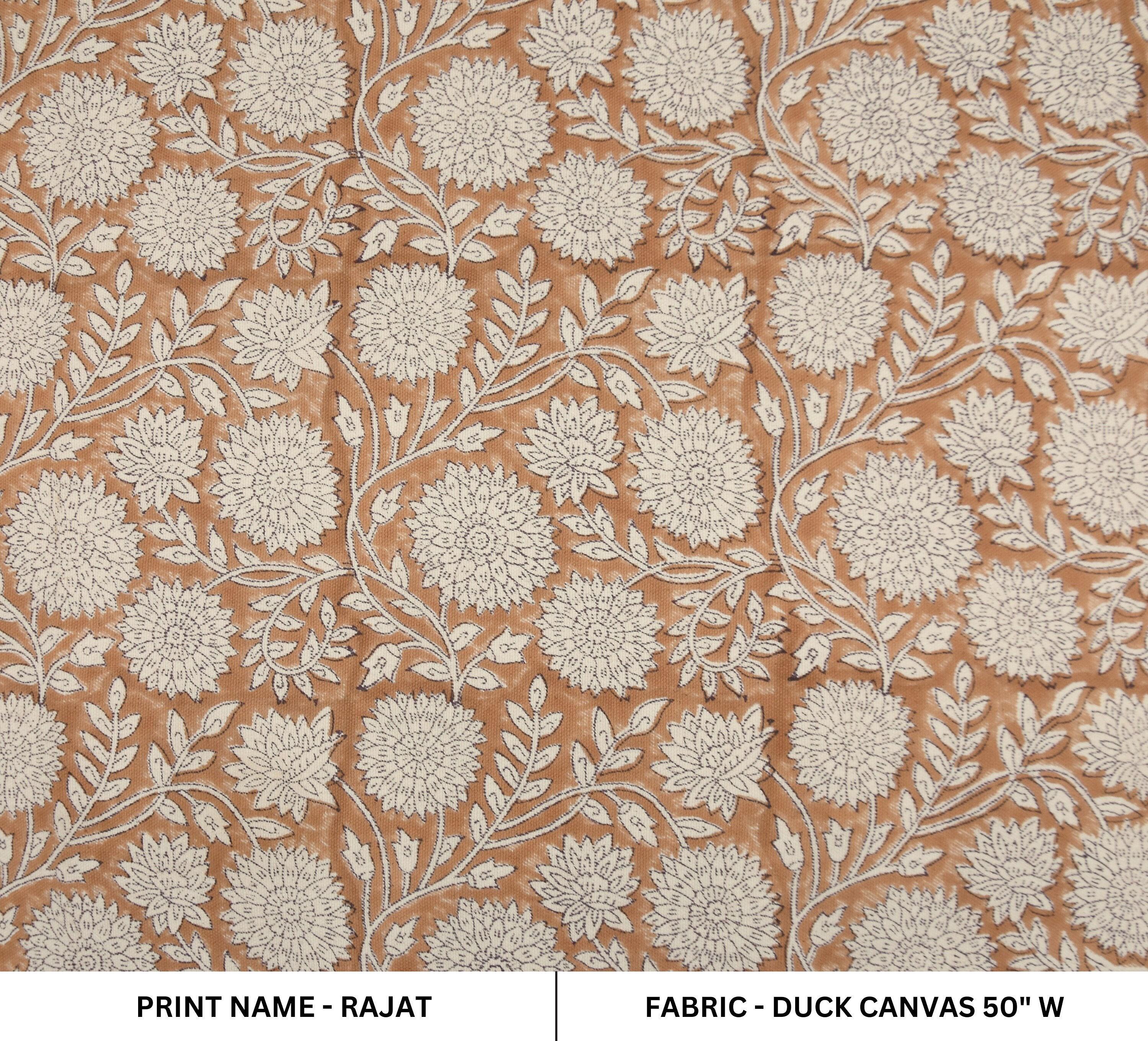 Block Printed Duck Canvas Fabric in Mediumweight Material in Bronze and Beige Floral for Window Curtains - RAJAT
