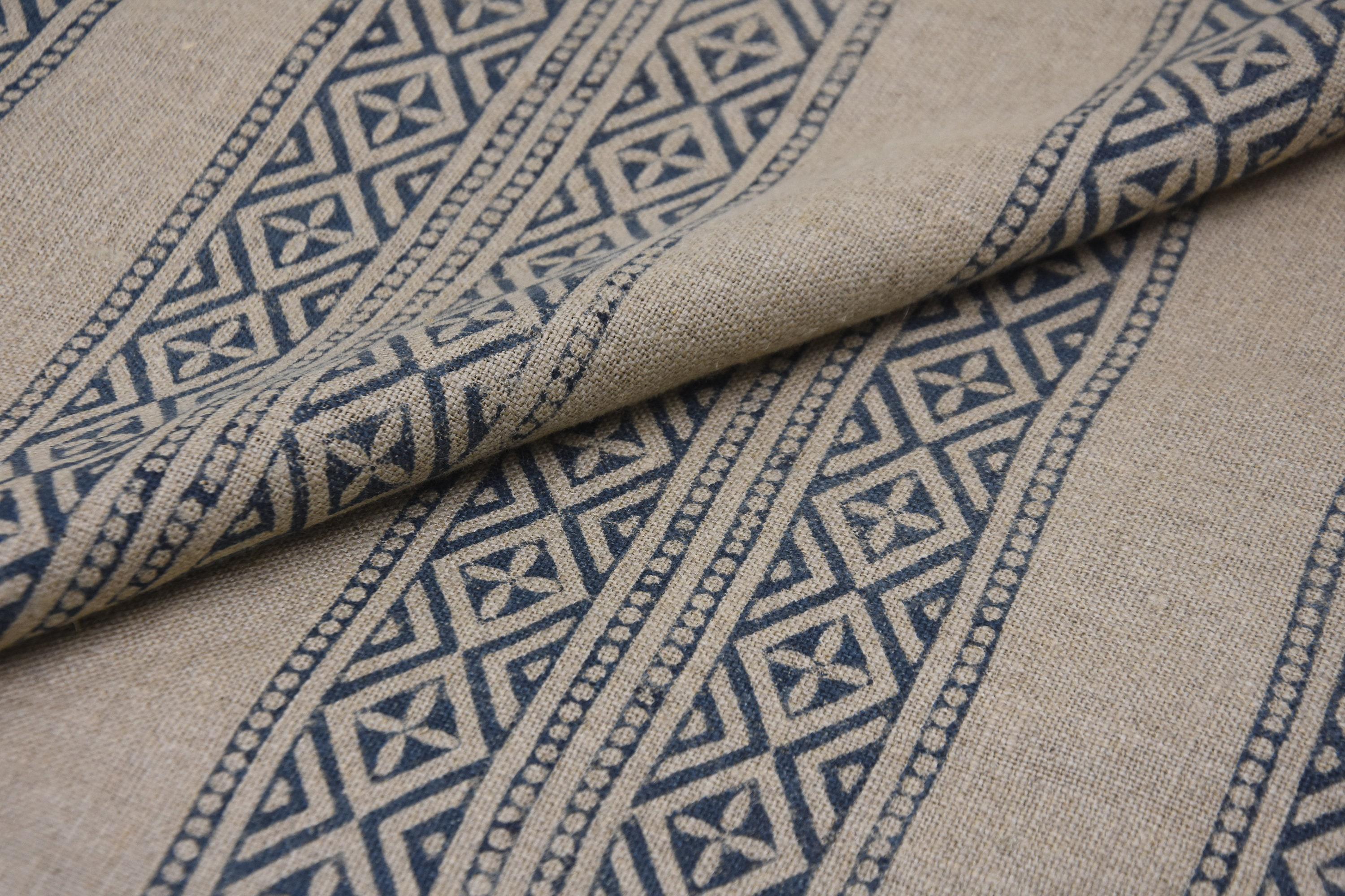 Linen Block Print Fabric 58 Inch Width Heavy Linen Natural Base Color Curtains and Drapes Upholstery Pillow Covers Tablecloths and Runners Bedding Tote Bag by Fabritual