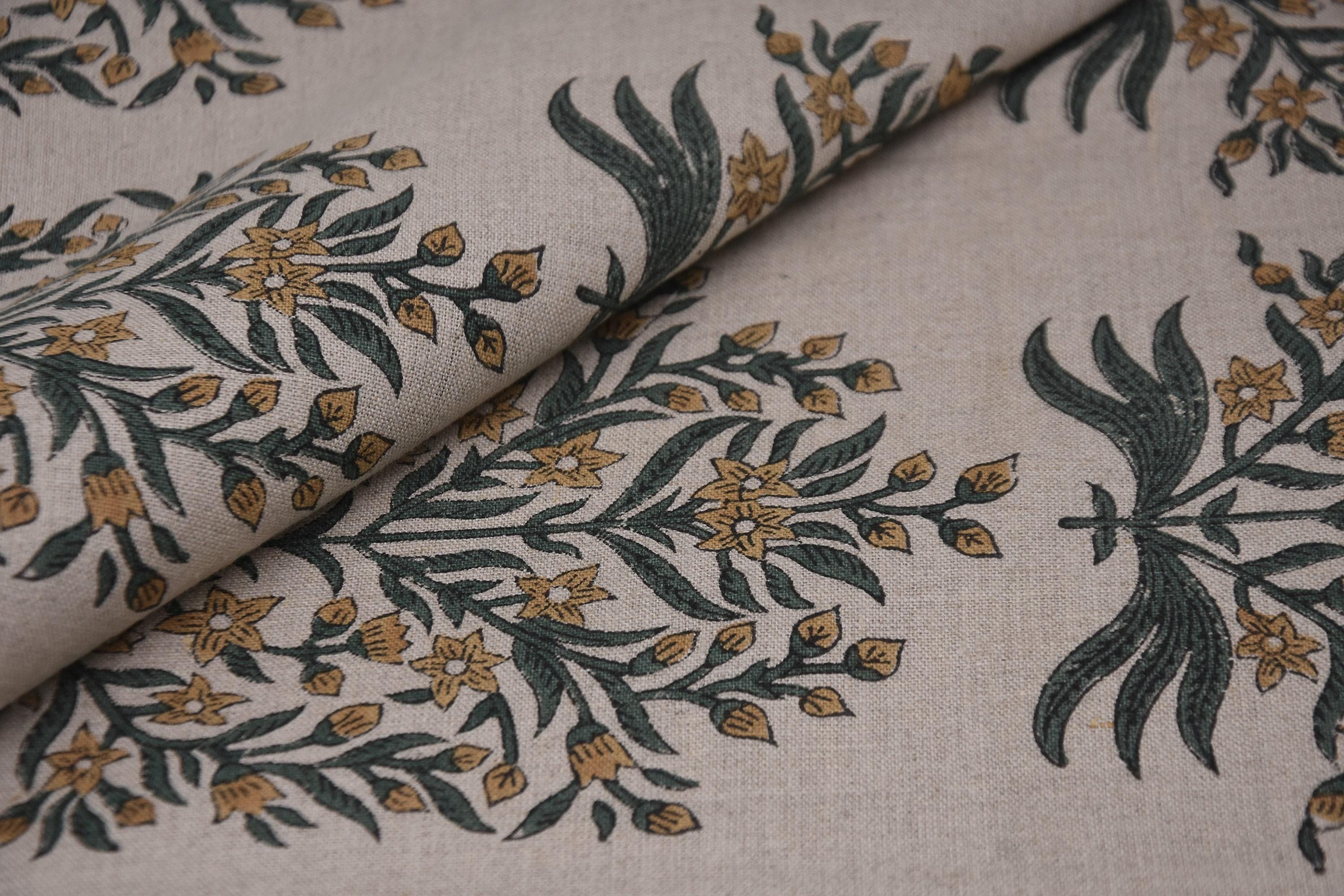 Linen Block Print Fabric 58 Inch Width Medium Weight Linen Natural Base Color Curtains and Drapes Upholstery Handmade Art Pillow Covers Tablecloths and Runners Bedding Tote Bag Lampshades Napkins by Fabritual