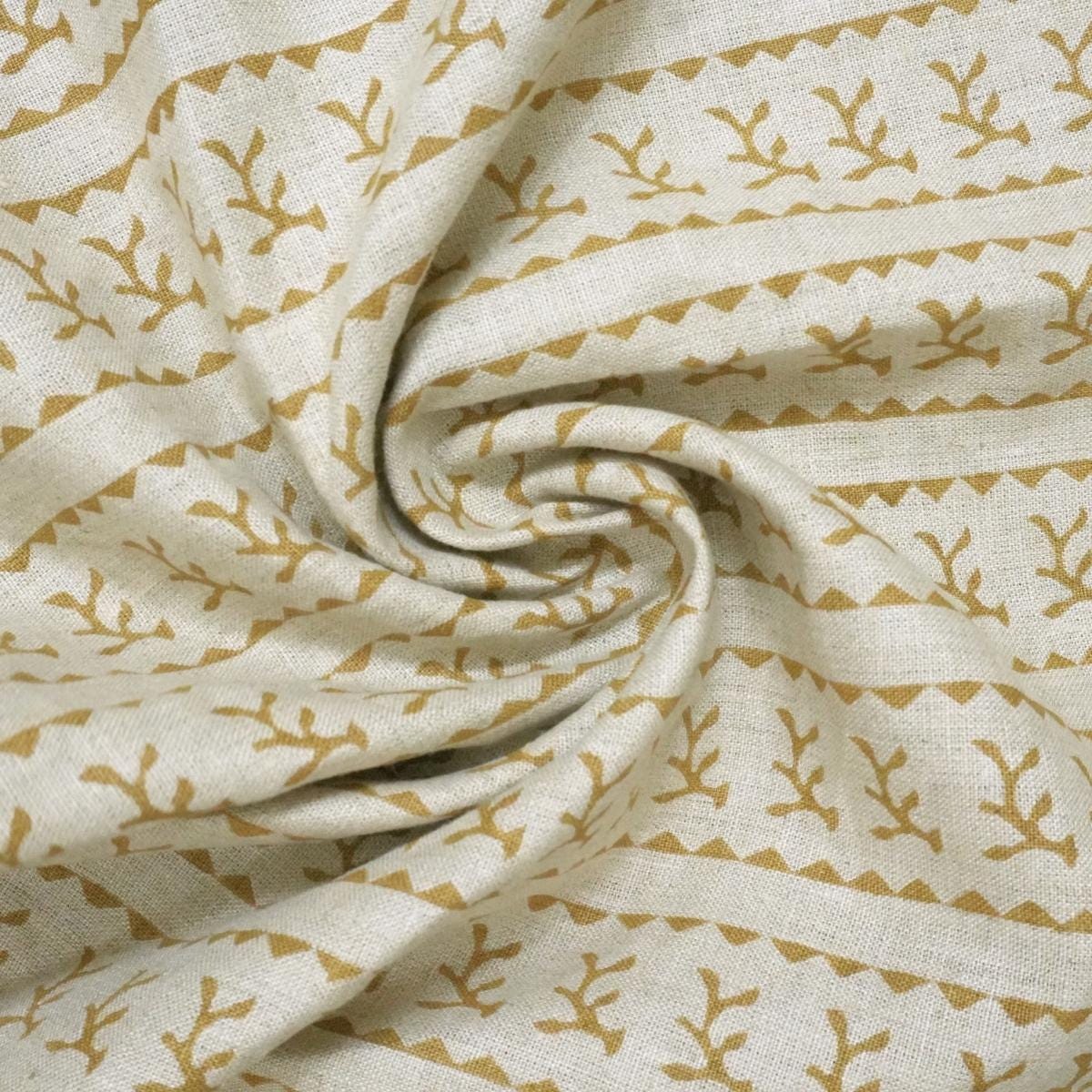 Pure Linen Fabric Natural Soft Block Printed Pastel Gray and Bronze Metallic Floral for Tablecloth & Upholstery - Phool Dali