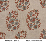 Handcrafted Block Print Thick Linen 58" Wide Fabric in Brown & Gray Floral for Decorative Cushions- ANARKALI