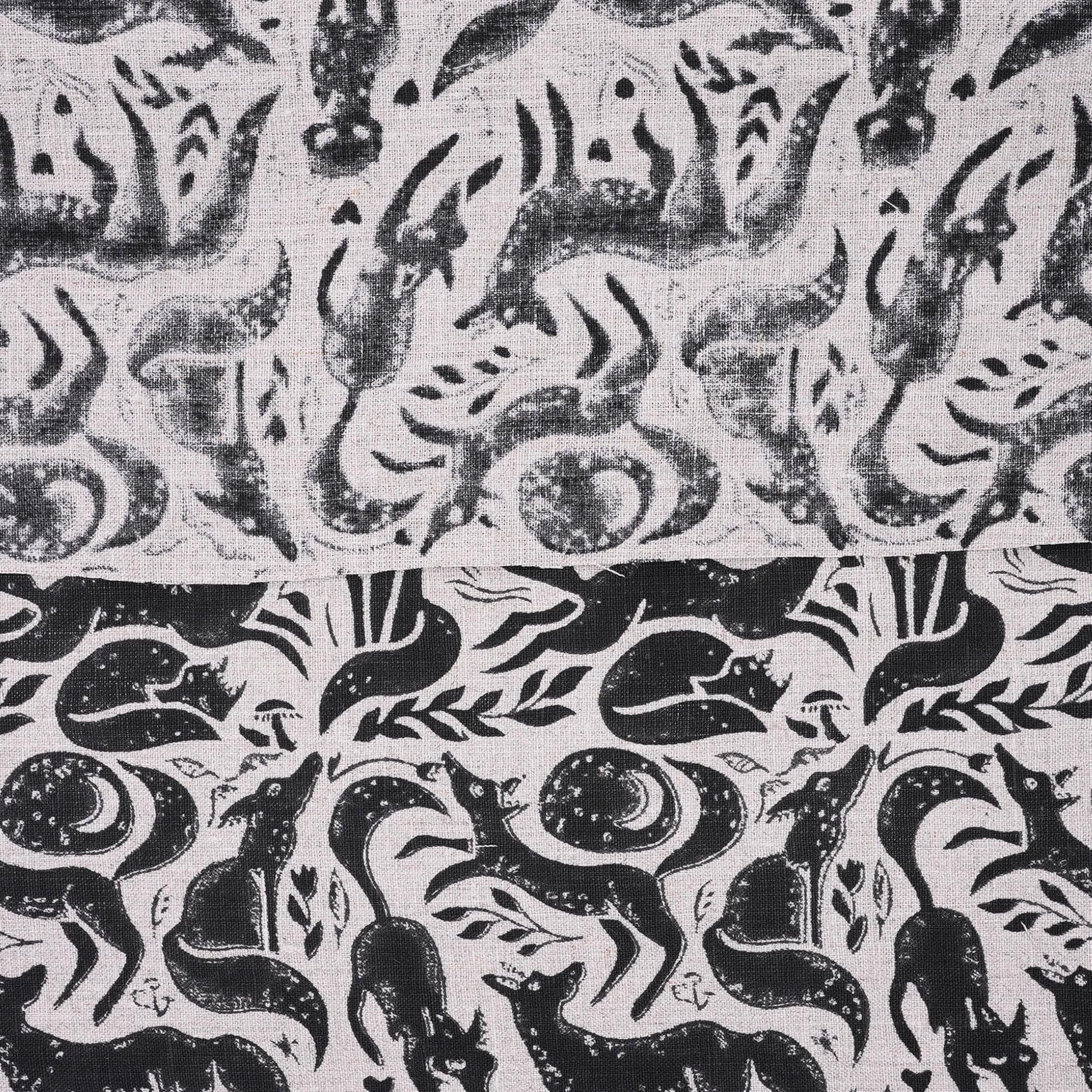 Indian Handmade Black Gehravan Print Textile Fabric on Pure Linen for Upholstery