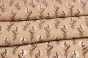 Hand Block Printed Brown and Dark Vanilla Floral Throw Pre Dip Fabric for Farmhouse Decor - Daffodil