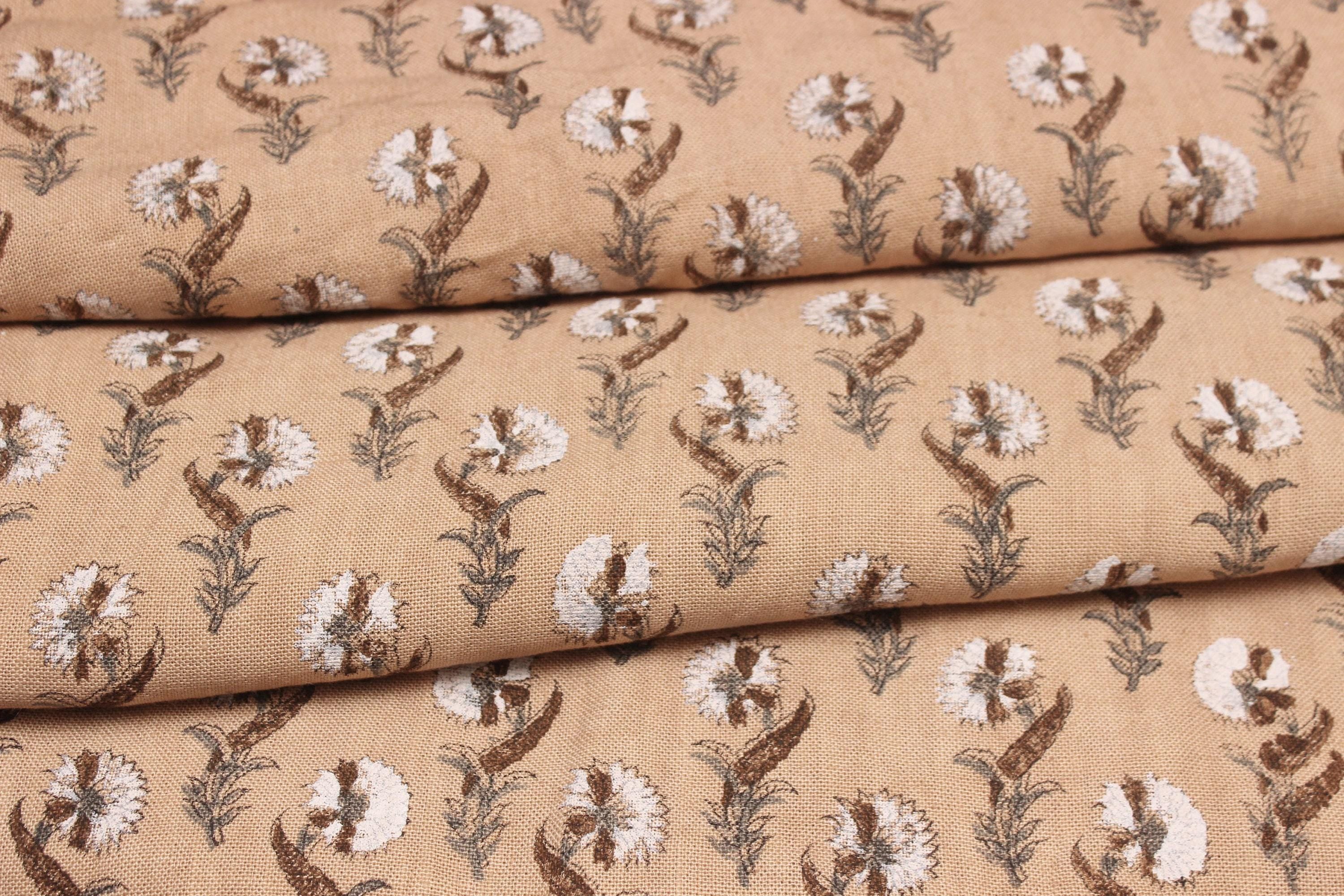 Hand Block Printed Brown and Dark Vanilla Floral Throw Pre Dip Fabric for Farmhouse Decor - Daffodil