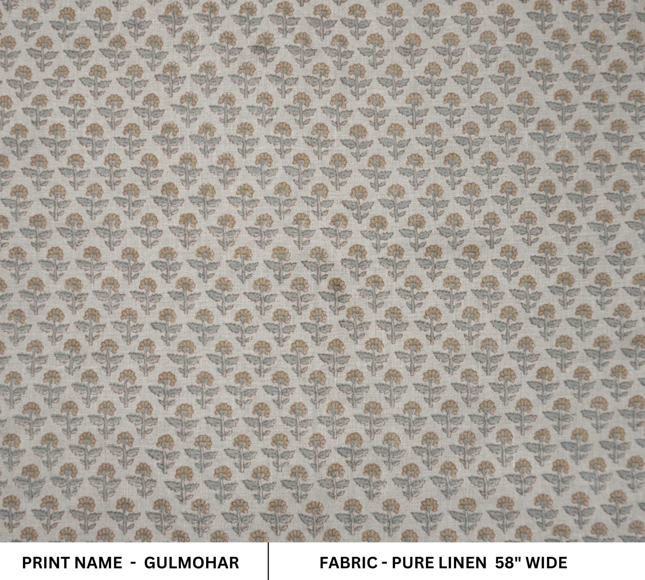 Linen Block Print Fabric 58 Inch Width Medium Weight Linen Natural Base Color Curtains and Drapes Upholstery Handmade Art Pillow Covers Tablecloths and Runners Bedding Tote Bag Lampshades Napkins by Fabritual