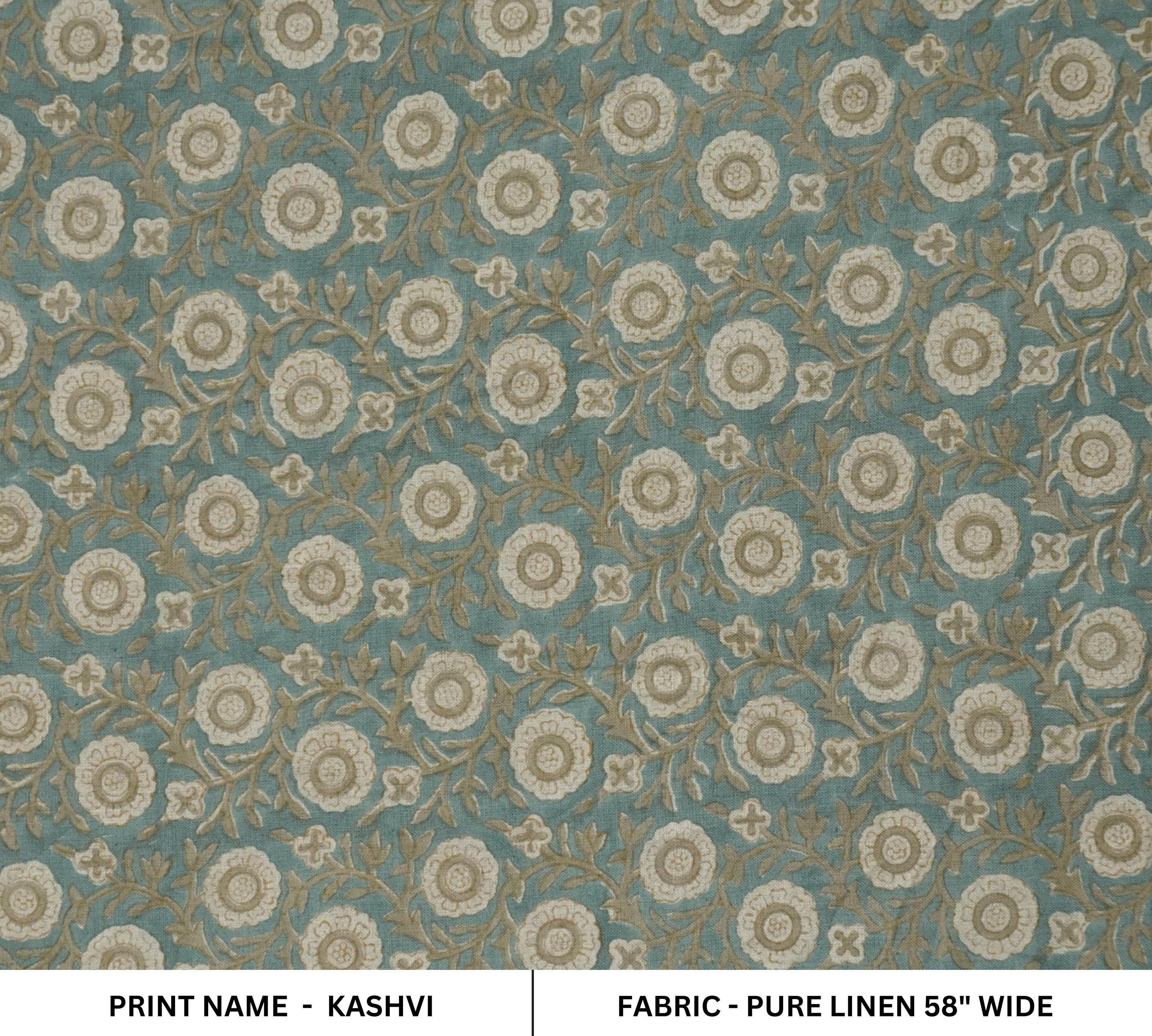 Linen Block Print Fabric 58 Inch Width Medium Weight Linen Natural Base Color Curtains and Drapes Upholstery Handmade Art Pillow Covers Tablecloths and Runners Bedding Tote Bag Lampshades Napkins by Fabritual