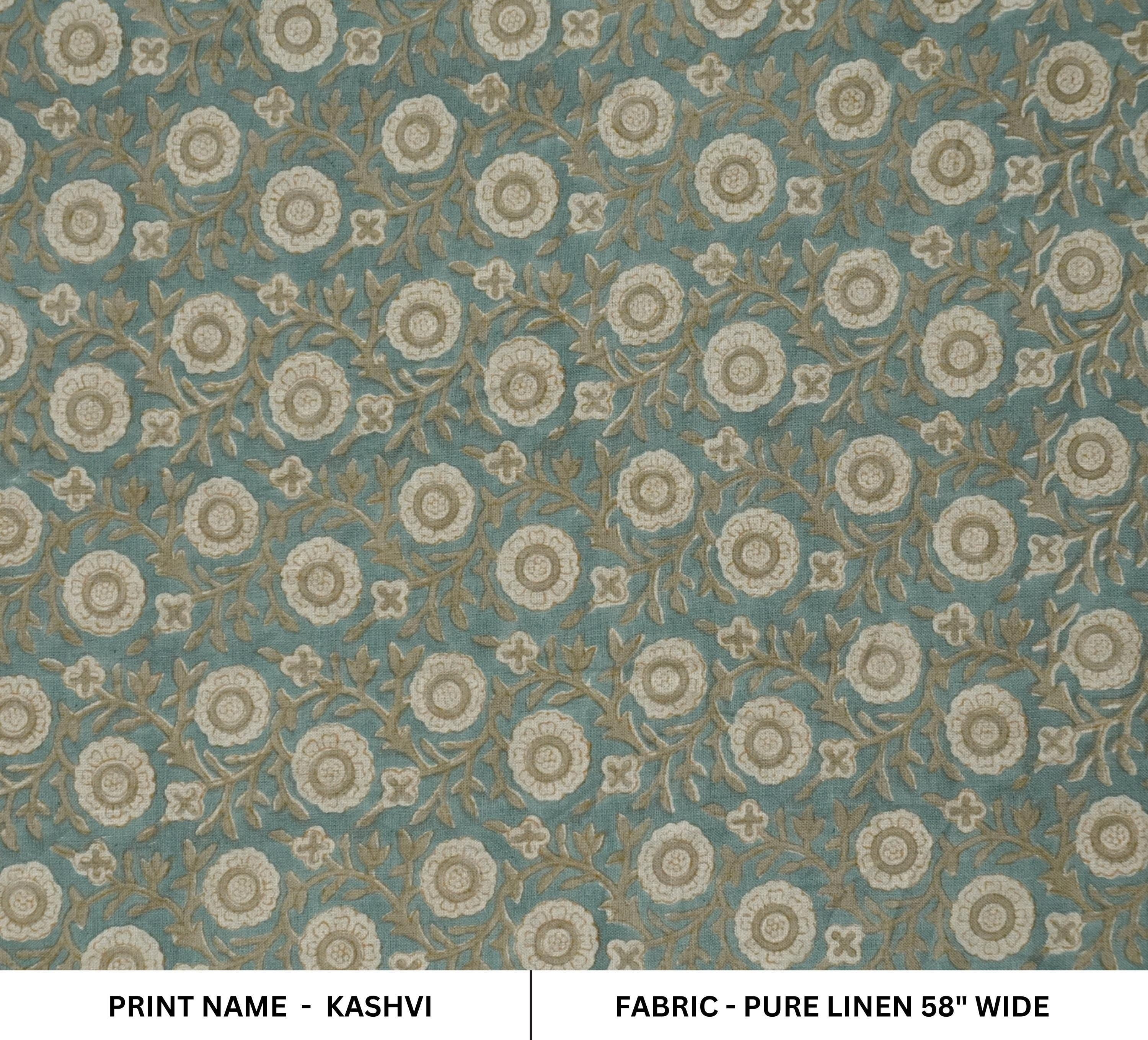 Linen Block Print Fabric 58 Inch Width Medium Weight Linen Natural Base Color Curtains and Drapes Upholstery Handmade Art Pillow Covers Tablecloths and Runners Bedding Tote Bag Lampshades Napkins by Fabritual