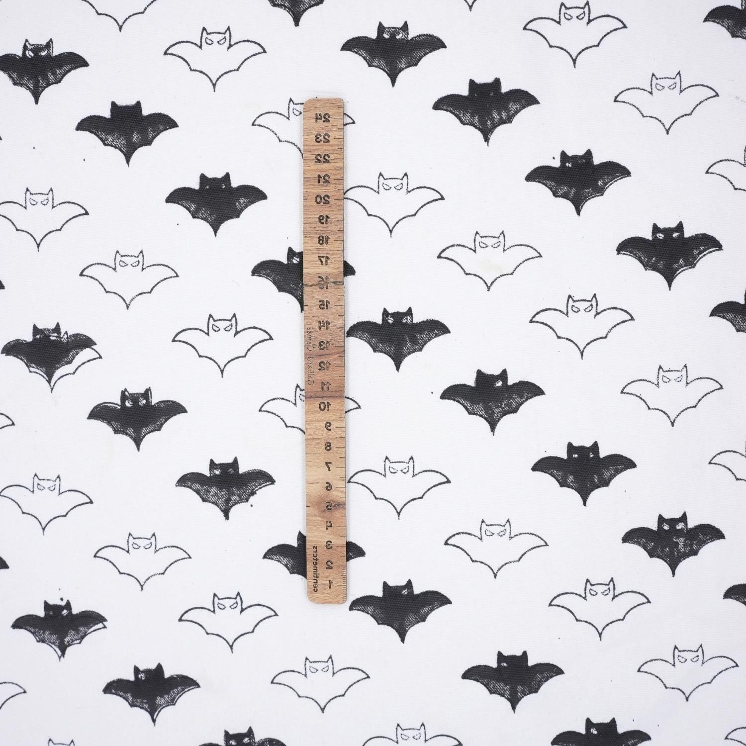 Hand Block Print Cuhion Cover Fabric on Thick Cotton White with Black Bat Design