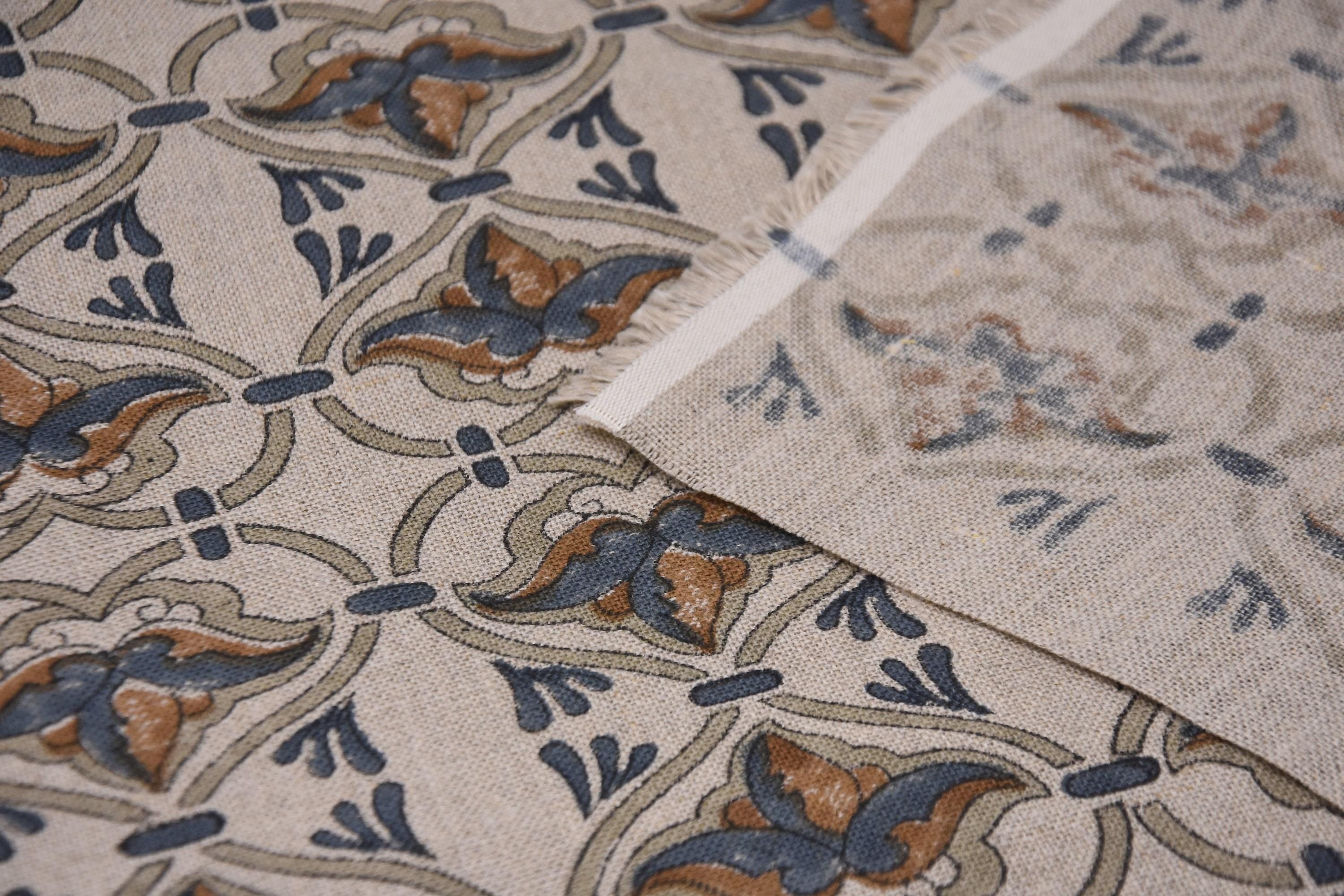 Linen Block Print Fabric 58 Inch Width Heavy Weight Linen Natural Base Color Curtains and Drapes Upholstery Handmade Art Pillow Covers Tablecloths and Runners Lampshades Napkins by Fabritual