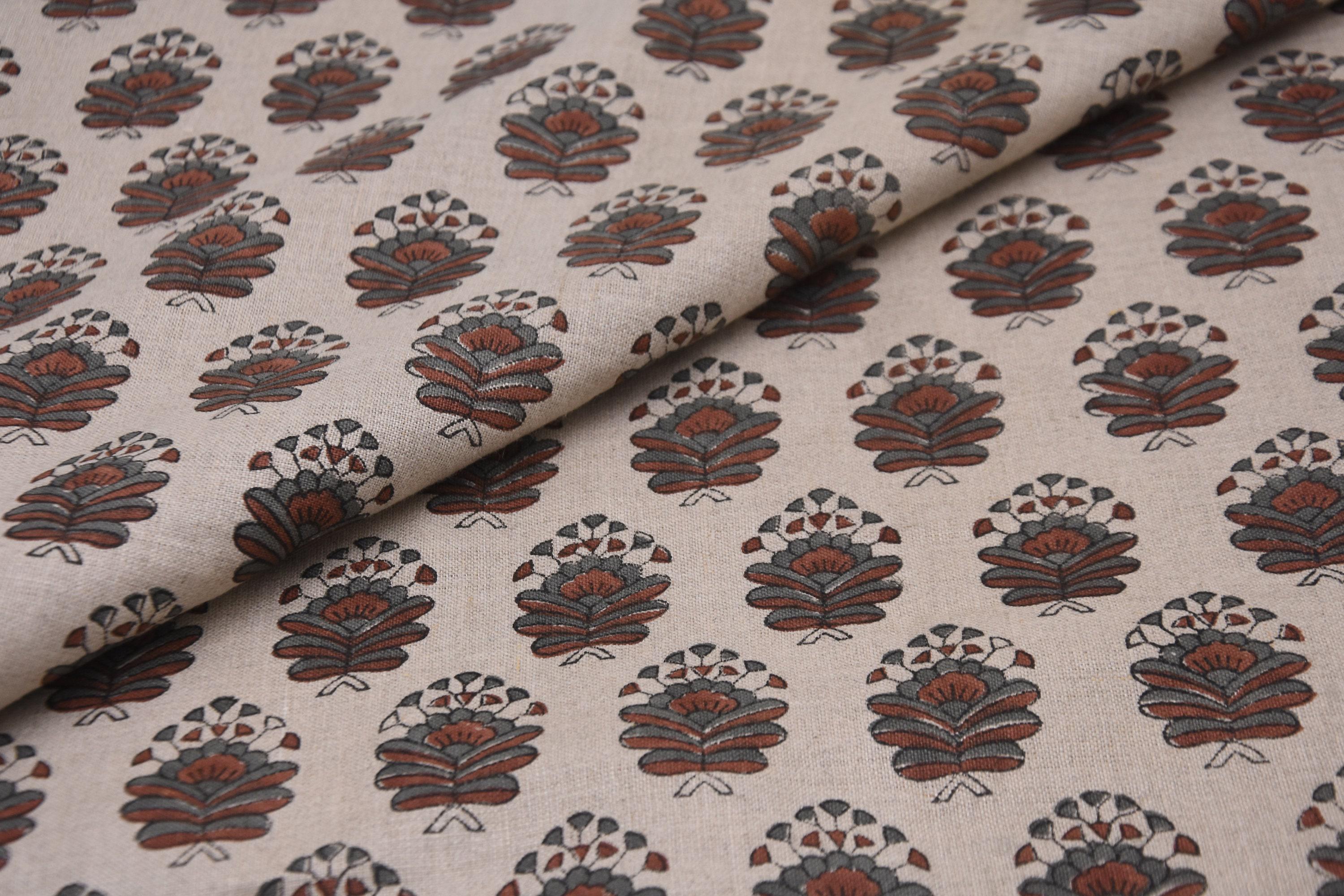 Linen Block Print Fabric 58 Inch Width Medium Weight Linen Natural Base Color Curtains and Drapes Upholstery Pillow Covers Tablecloths and Runners Bedding Tote Bag Lampshades Napkins by Fabritual