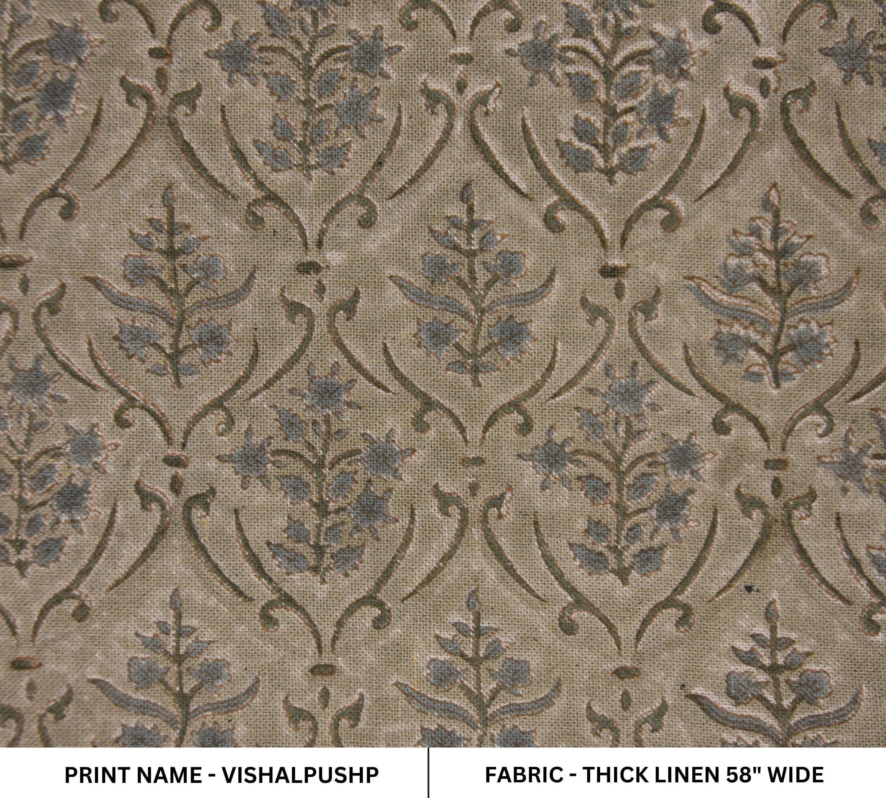 Linen Block Print Fabric 58 Inch Width Heavy Linen Natural Base Color Curtains and Drapes Upholstery Pillow Covers Tablecloths and Runners Bedding Tote Bag by Fabritual