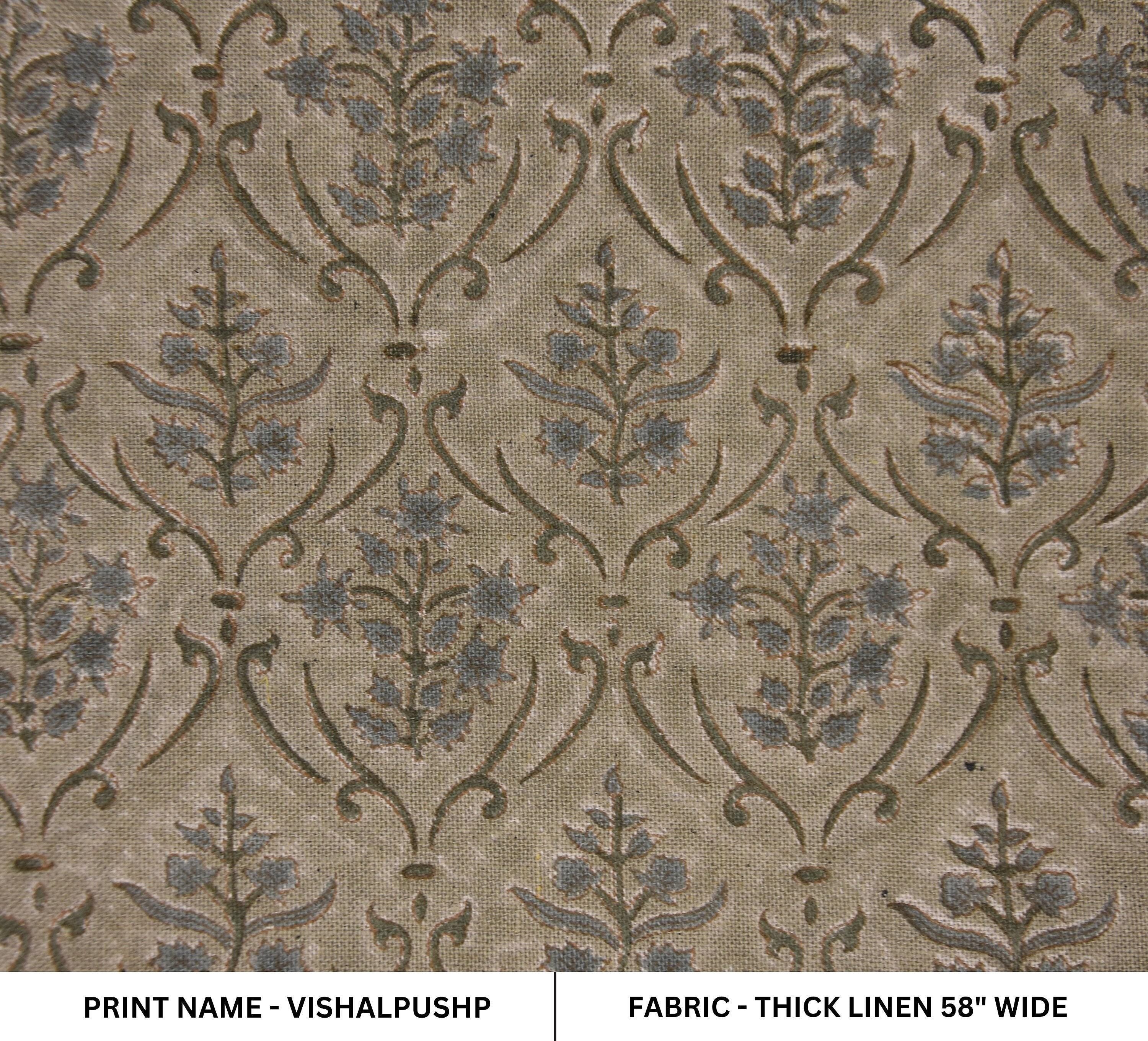 Linen Block Print Fabric 58 Inch Width Heavy Linen Natural Base Color Curtains and Drapes Upholstery Pillow Covers Tablecloths and Runners Bedding Tote Bag by Fabritual