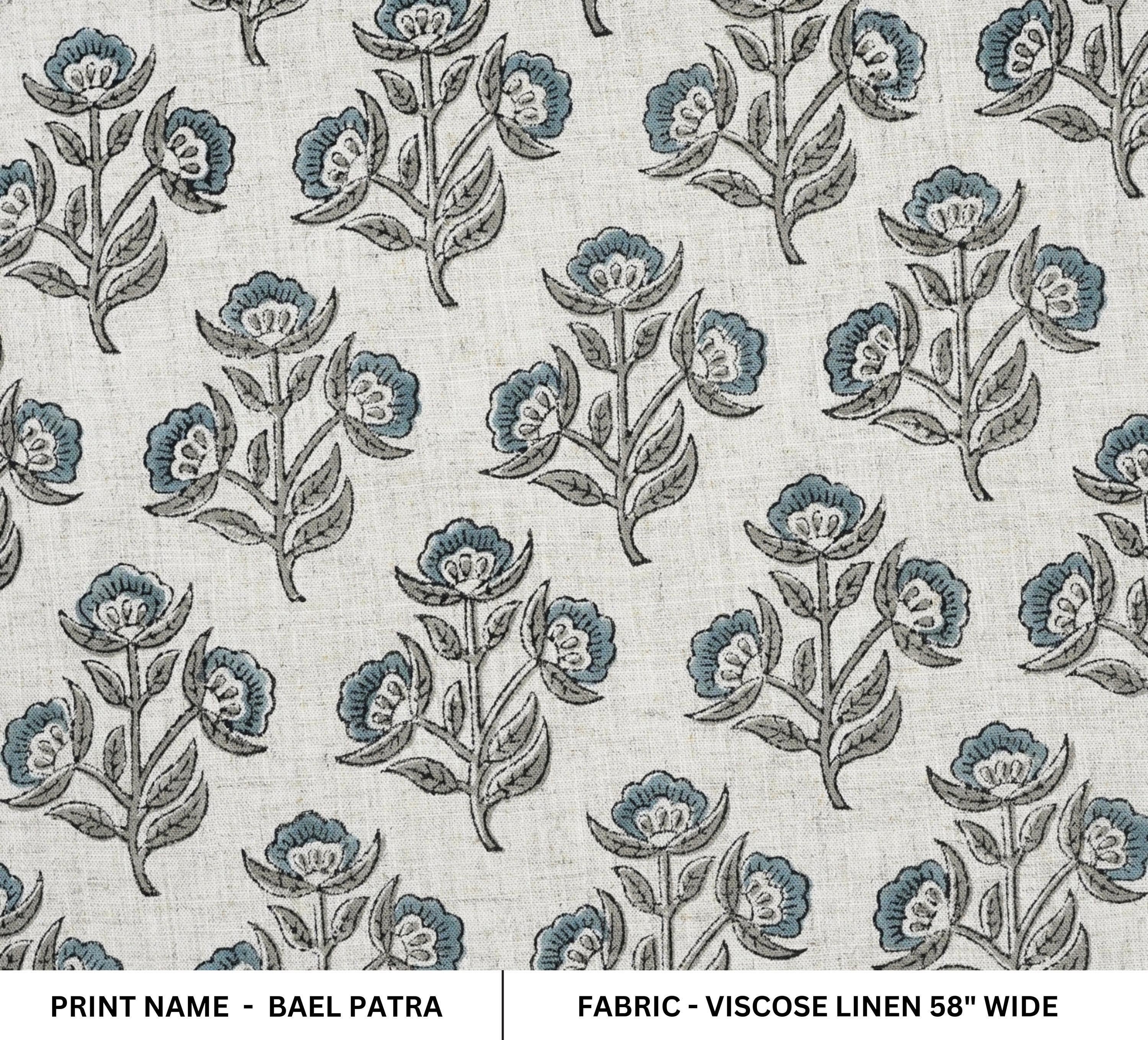 Handmade Art Viscose Linen Fabric for Roman Shade Decor with Bael Patra Print in Gray leaf