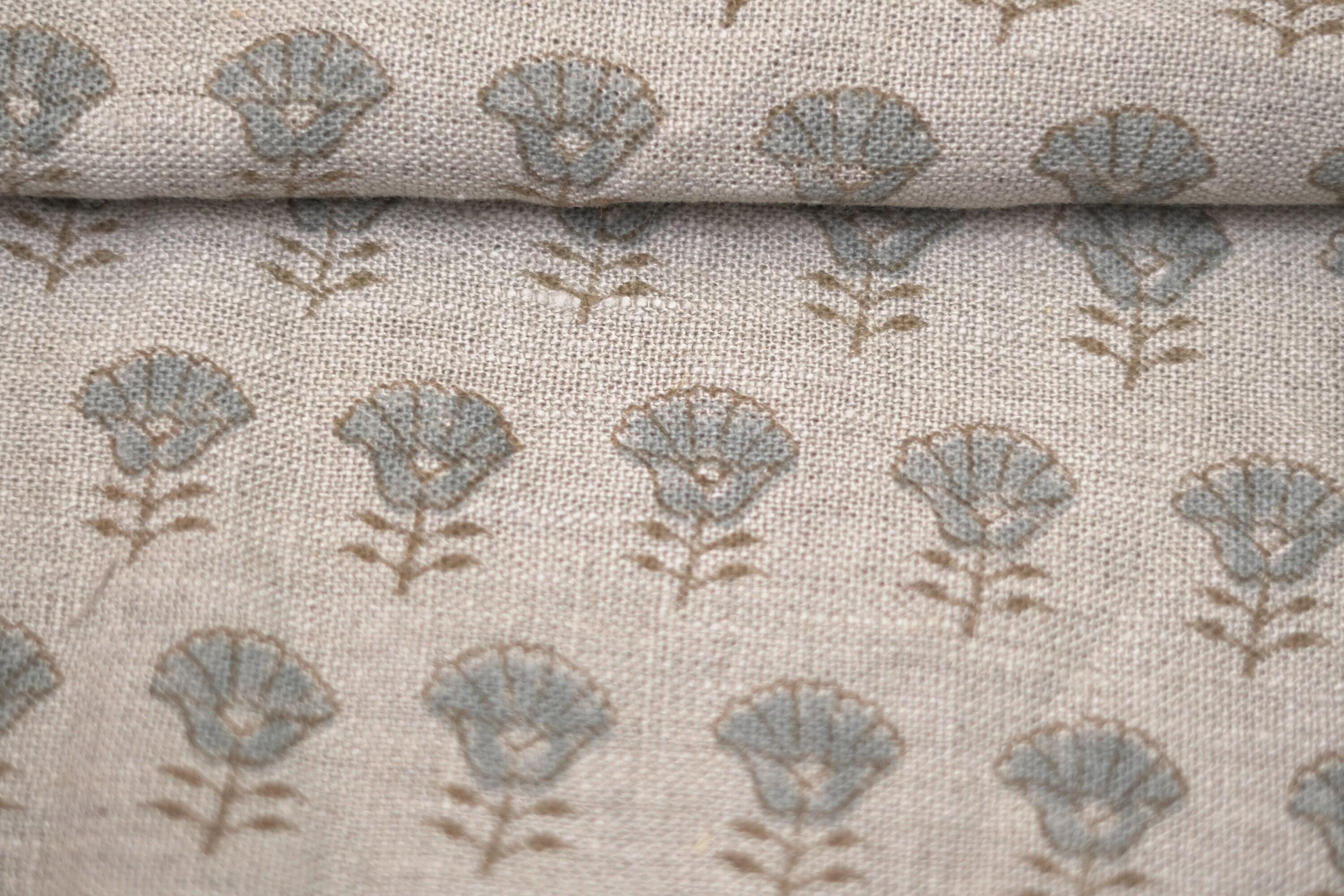 Linen Block Print Fabric 58 Inch Width Heavy Linen Natural Base Color Curtains and Drapes Upholstery Pillow Covers Tablecloths and Runners Bedding Tote Bag by Fabritual
