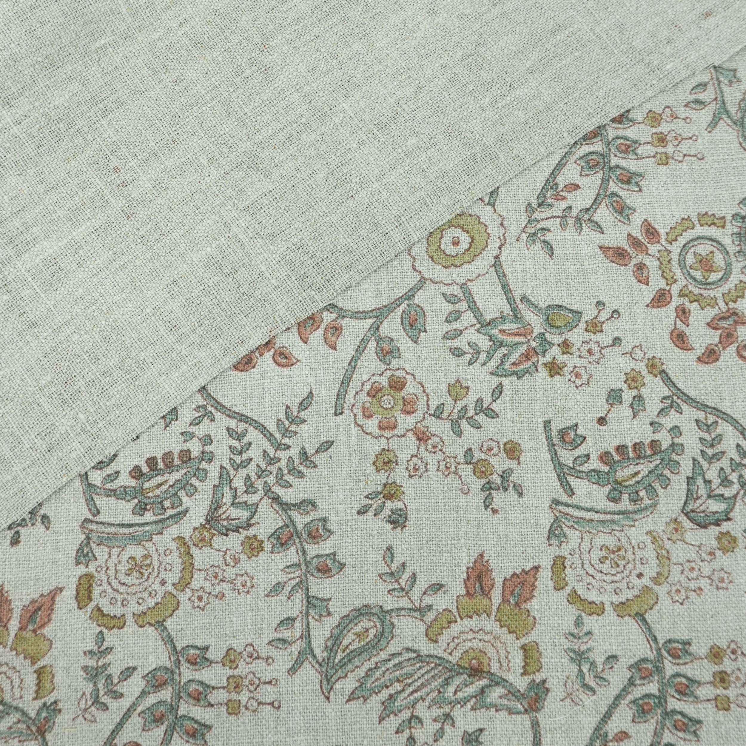 Blue Brown Floral Hand Block Print Linen Arpan Fabric