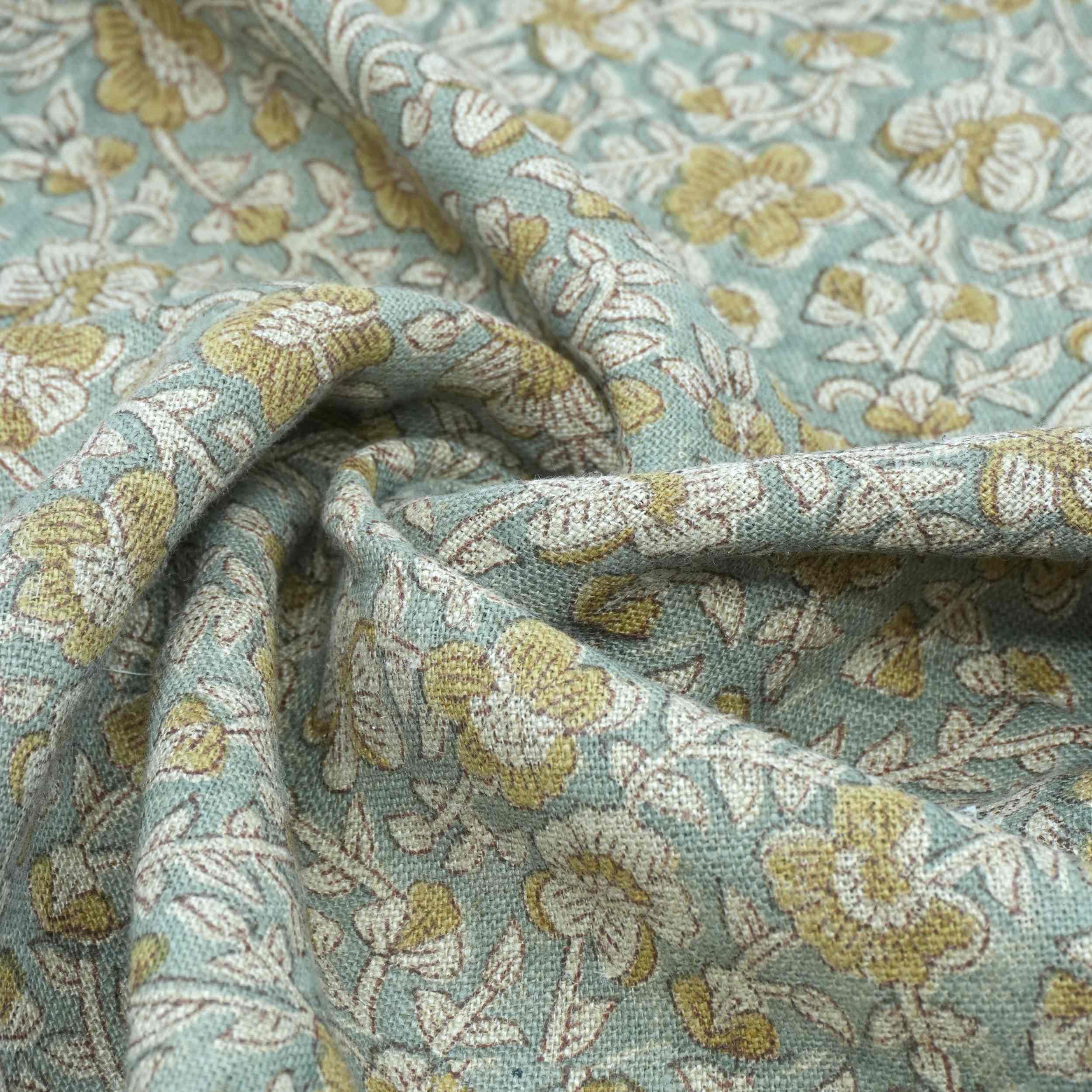 Hand Printed Mustard Floral Pure Linen Cushion Fabric - Jhilmil