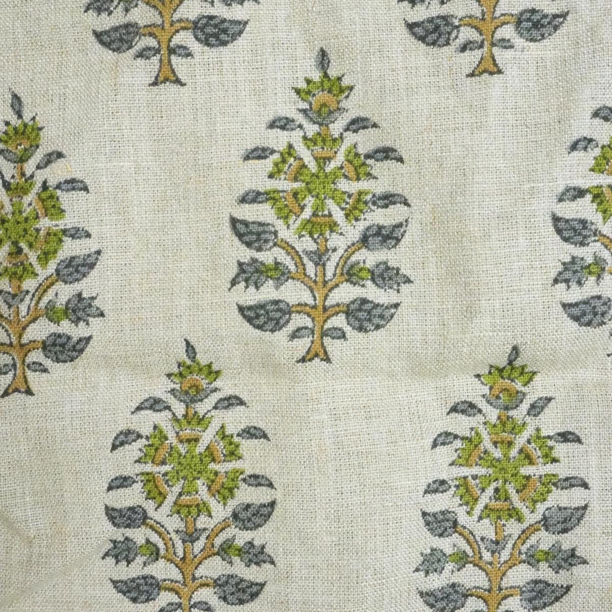 Handcrafted Pure Linen Green and Gray Leaf Floral Block Printed Fabric in Medium Weight Upholstery for Cushions - GULNAARI