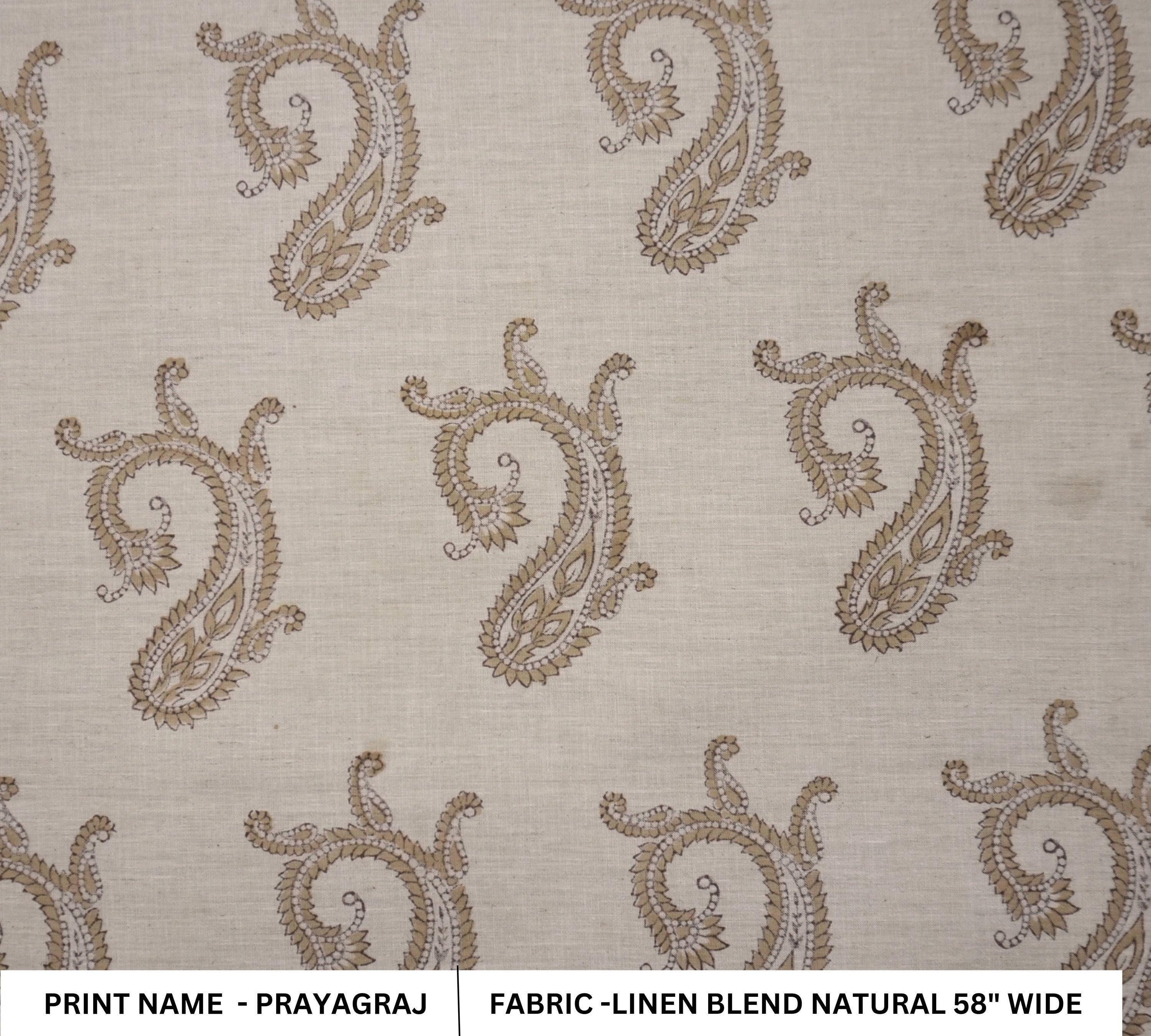 Linen Blend Block Print Fabric 58" Wide Lightweight Natural Base for Curtains and Bedding