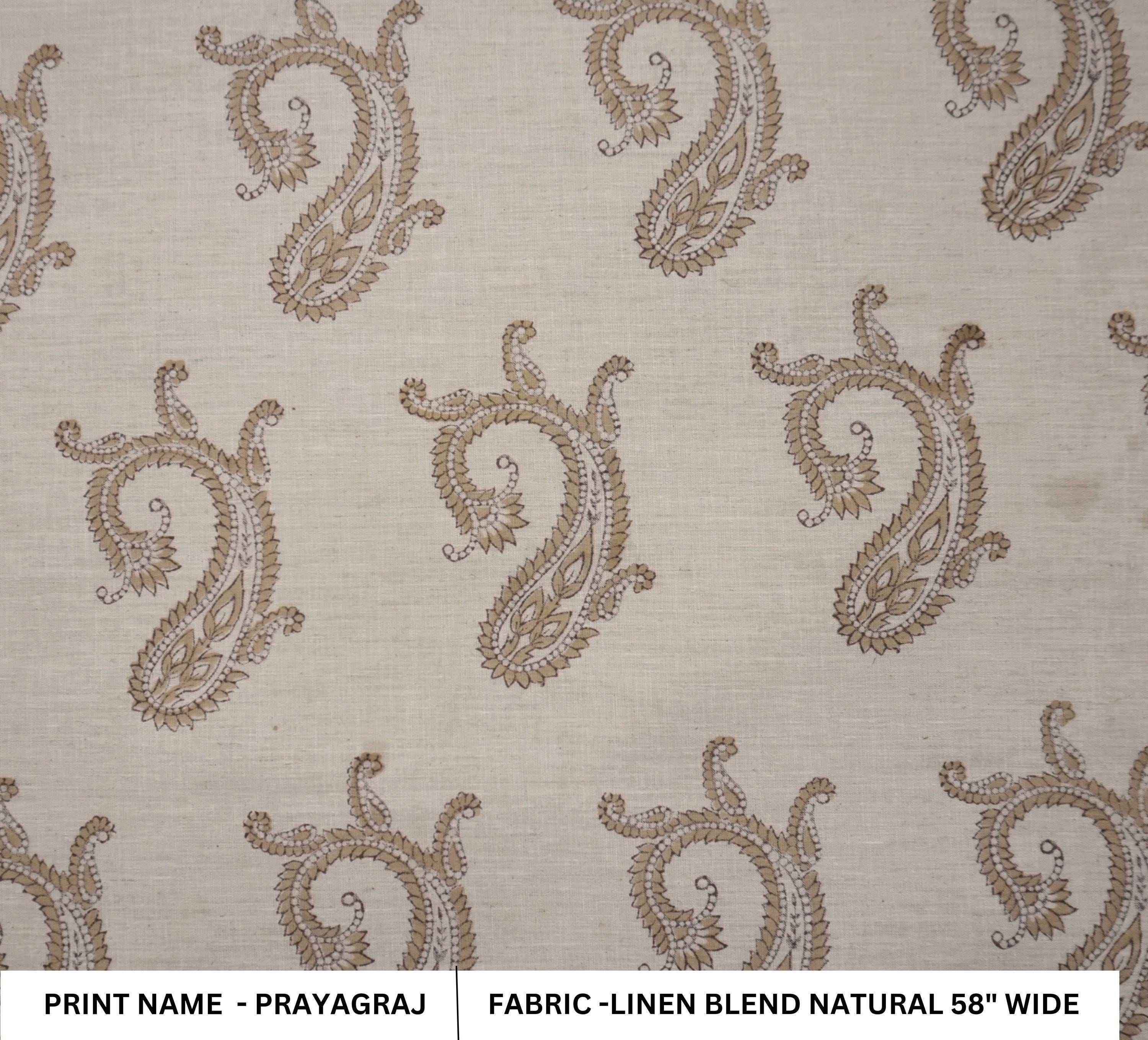 Linen Blend Block Print Fabric 58" Wide Lightweight Natural Base for Curtains and Bedding