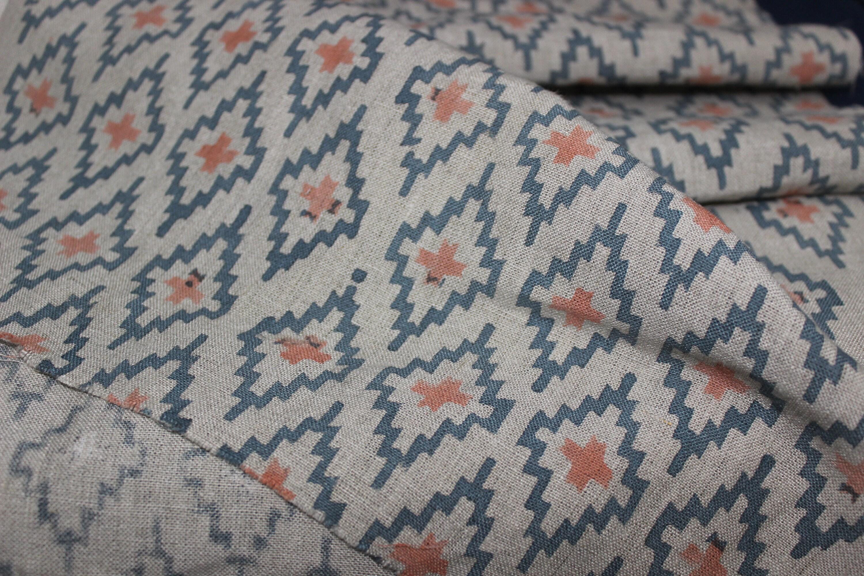 Linen Block Print Fabric 58 Inch Width Heavy Weight Linen Natural Base Color Curtains and Drapes Upholstery Handmade Art Tablecloths and Runners Bedding Tote Bag Lampshades Napkins by Fabritual