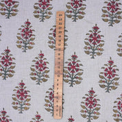 Indian Pure Linen Hand Block Printed Pink and Gray Floral Fabric for Upholstery & Couch - Upvan