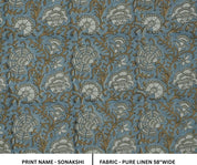 Linen Block Print Fabric 58 Inch Width Medium Weight Linen Natural Base Color Curtains and Drapes Upholstery Handmade Art Pillow Covers Tablecloths and Runners Bedding Tote Bag Lampshades Napkins by Fabritual