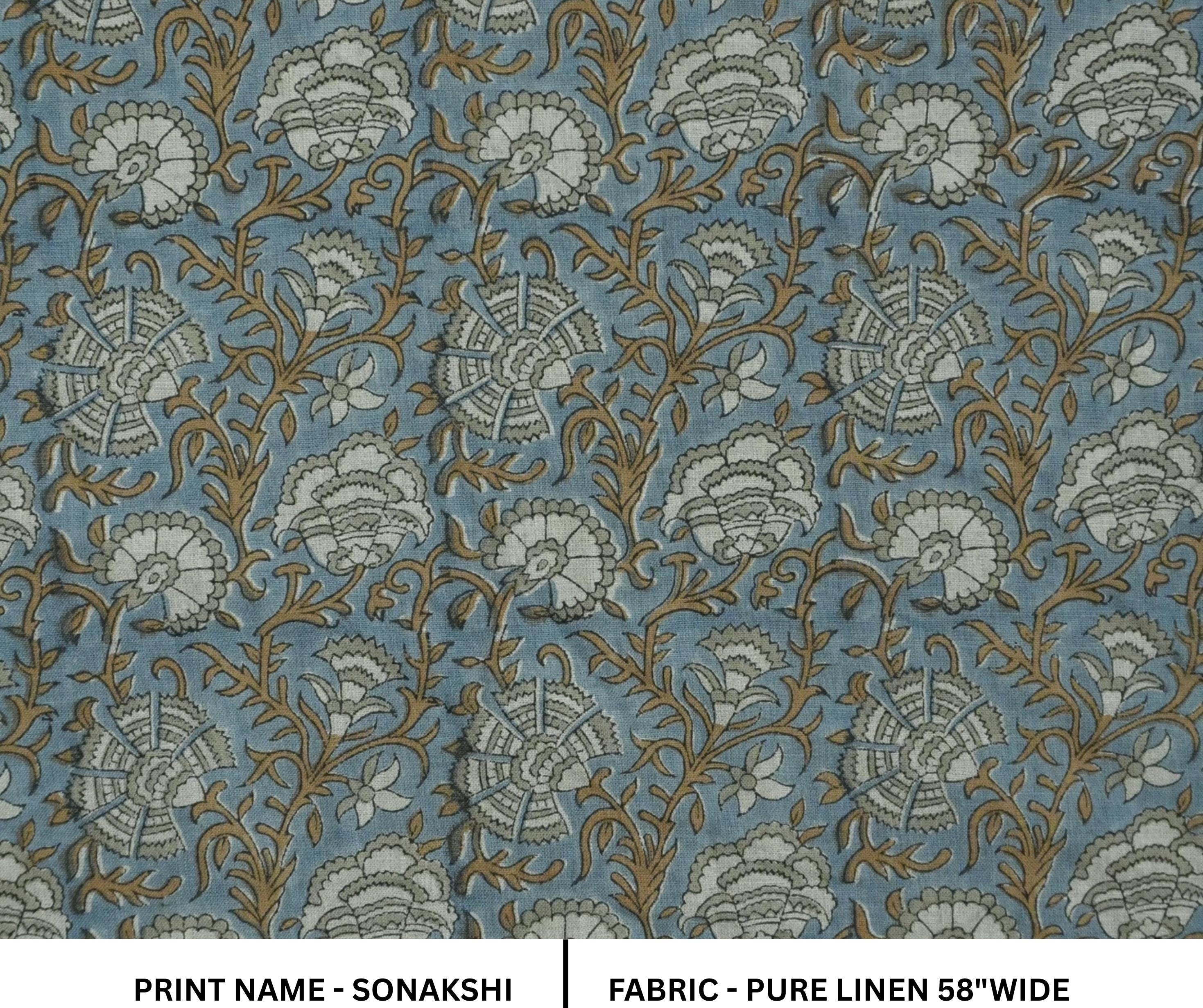 Linen Block Print Fabric 58 Inch Width Medium Weight Linen Natural Base Color Curtains and Drapes Upholstery Handmade Art Pillow Covers Tablecloths and Runners Bedding Tote Bag Lampshades Napkins by Fabritual