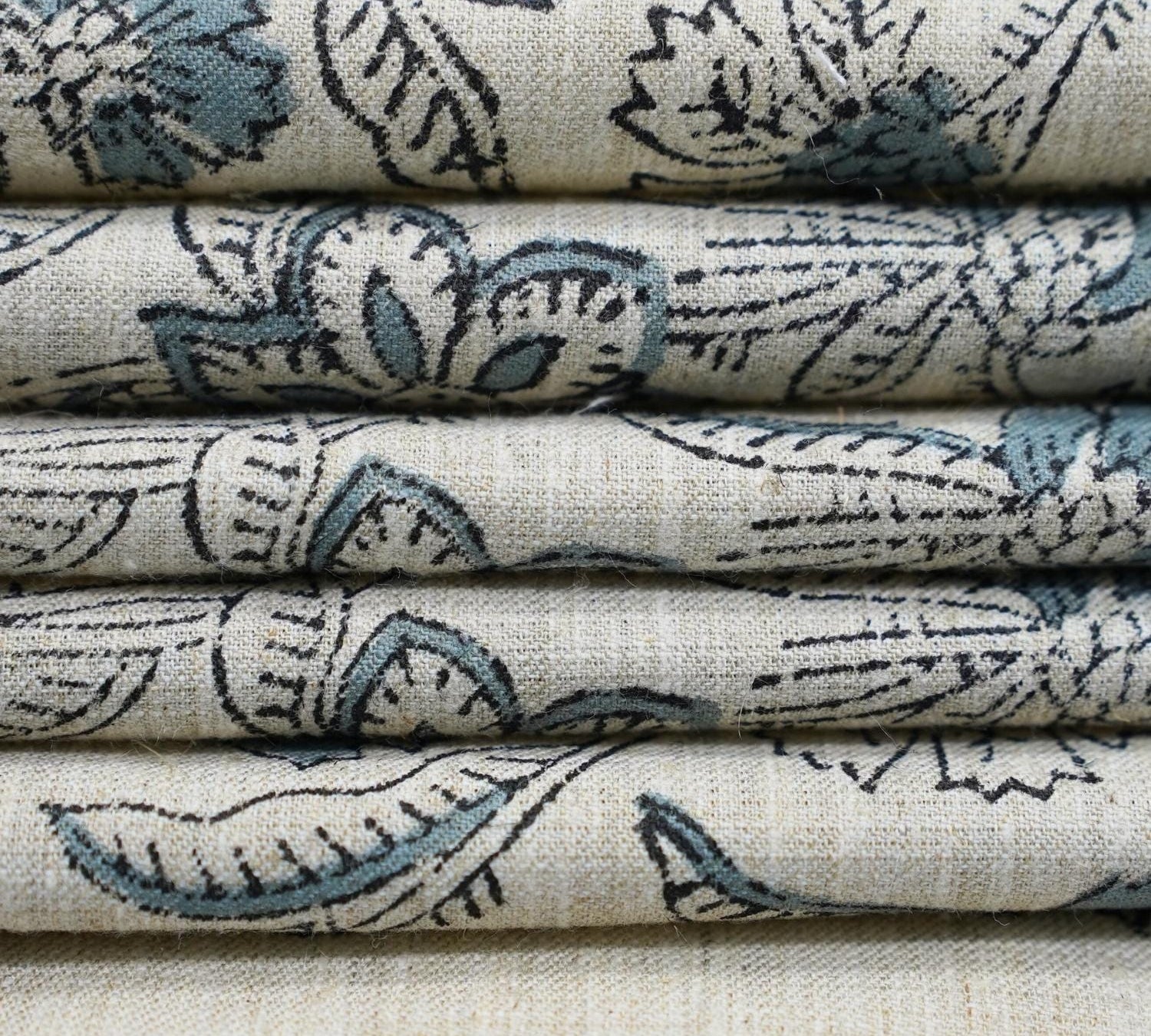 Linen Block Print Fabric Linen Blend 58 Inch Width Light Weight Linen Natural Base Color Curtains and Drapes Upholstery Handmade Art Pillow Covers Tablecloths and Runners Bedding Tote Bag Napkins by Fabritual