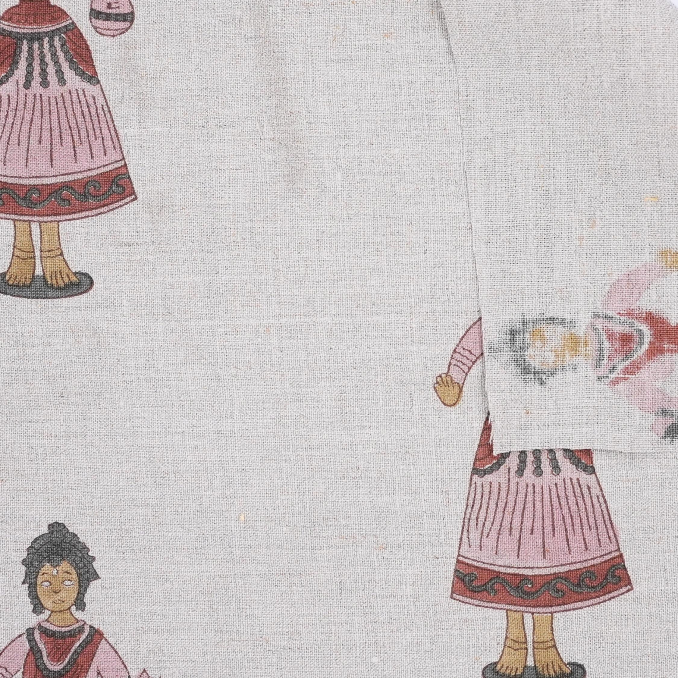 Block Printed Handmade Art Natural Pure Linen Decorative Fabric for Cushion Cover - Katputli