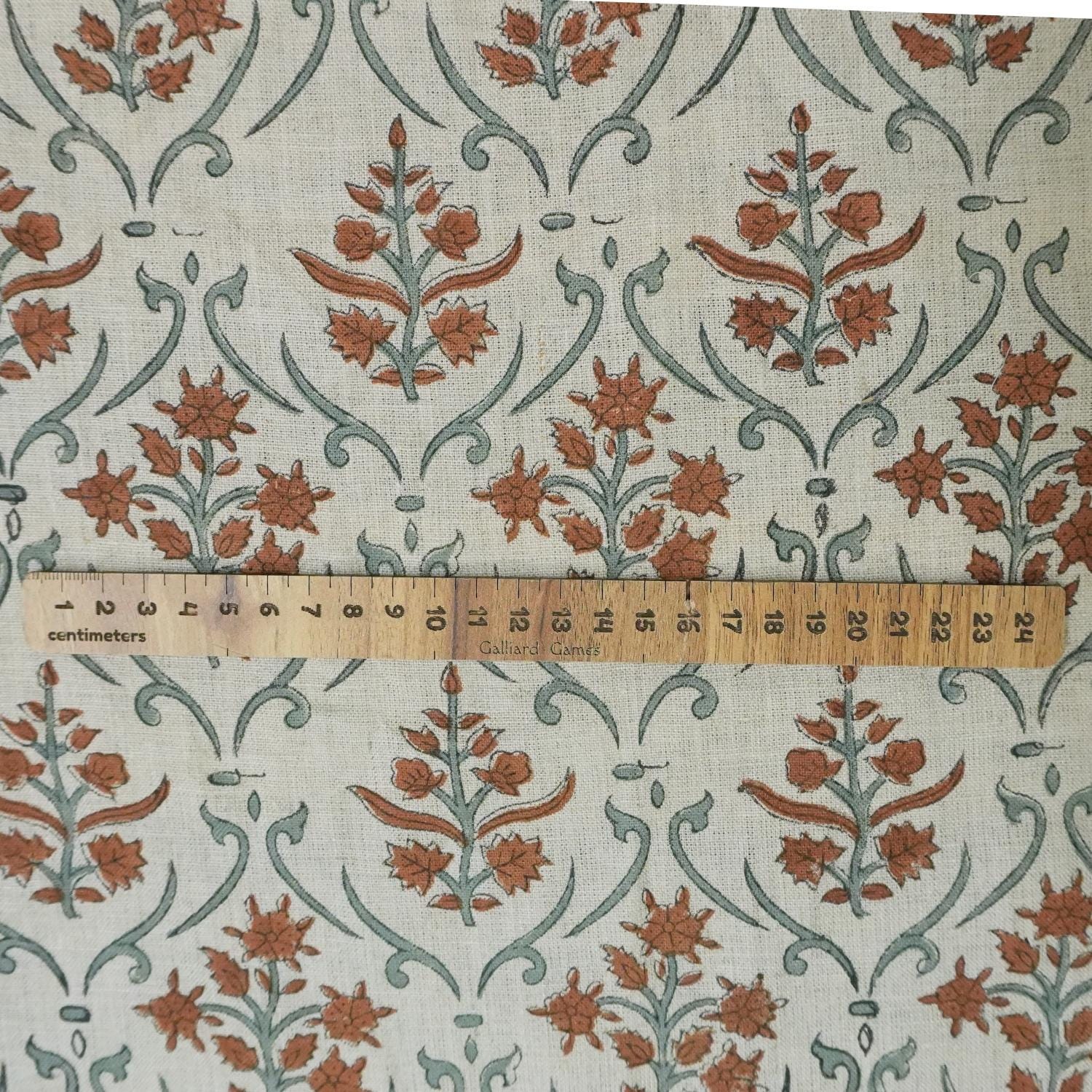 Linen Block Print Fabric 58 Inch Width Medium Weight Linen White Base Color Handmade Creative Design To Make Curtains and Drapes Upholstery Pillow Covers Tablecloths and Runners Bedding Tote Bag Lampshades Napkins