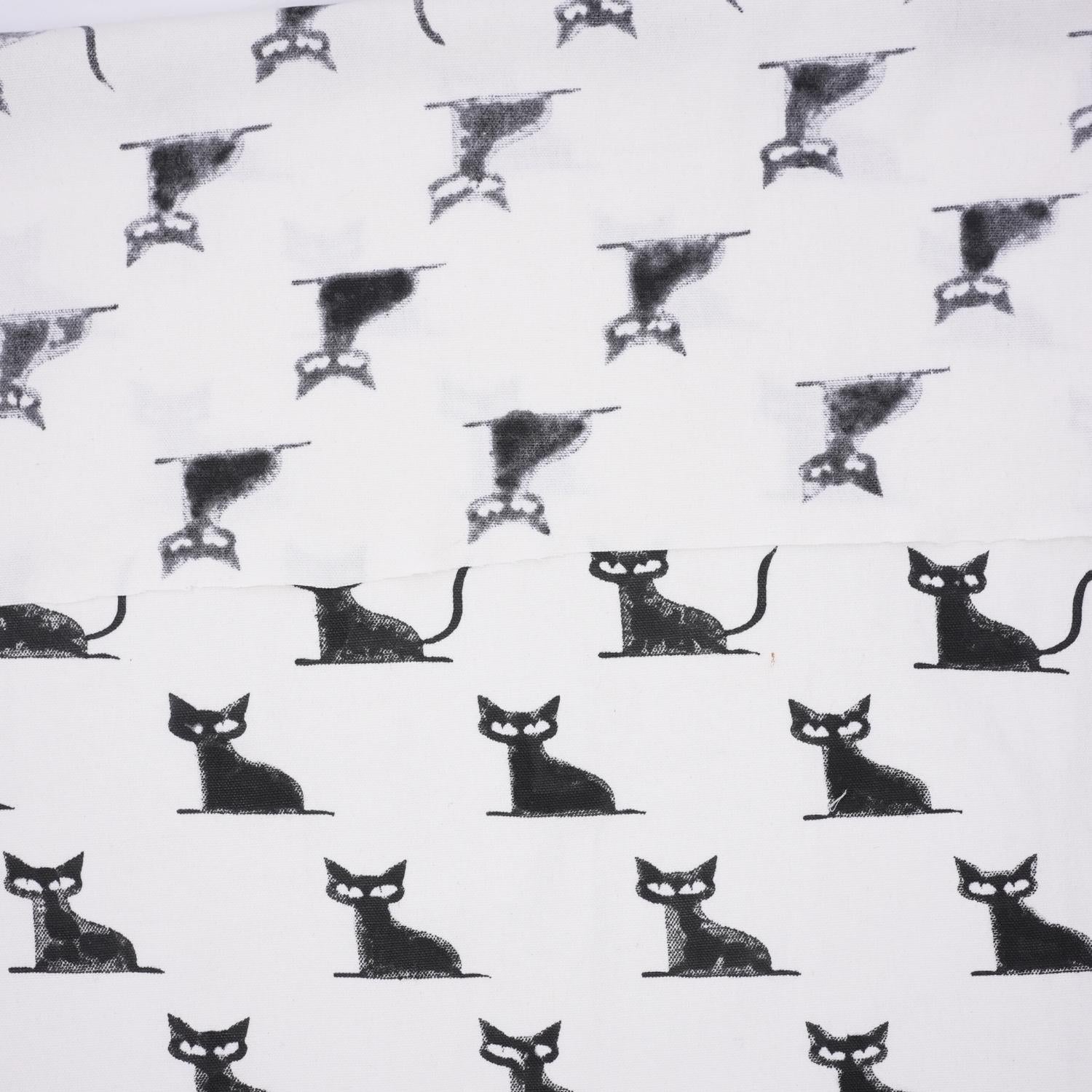 Handmade Black Cat Block Printed Throw Thick Cotton White Fabric for Halloween Cushion Decor