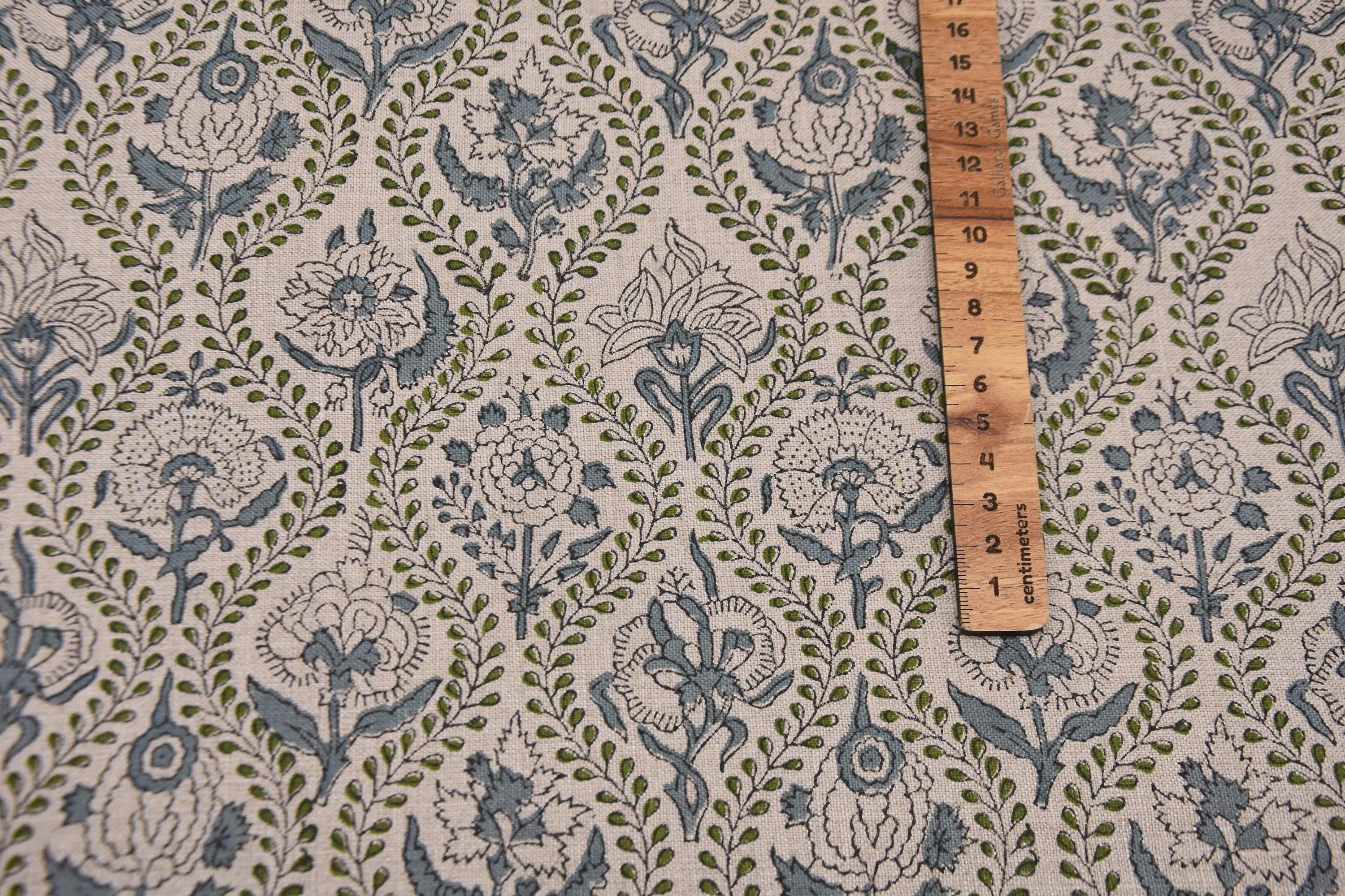 Linen Block Print Fabric 58 Inch Width Medium Weight Linen Natural Base Color Curtains and Drapes Upholstery Pillow Covers Tablecloths and Handwashable Runners Bedding Tote Bag Lampshades Napkins