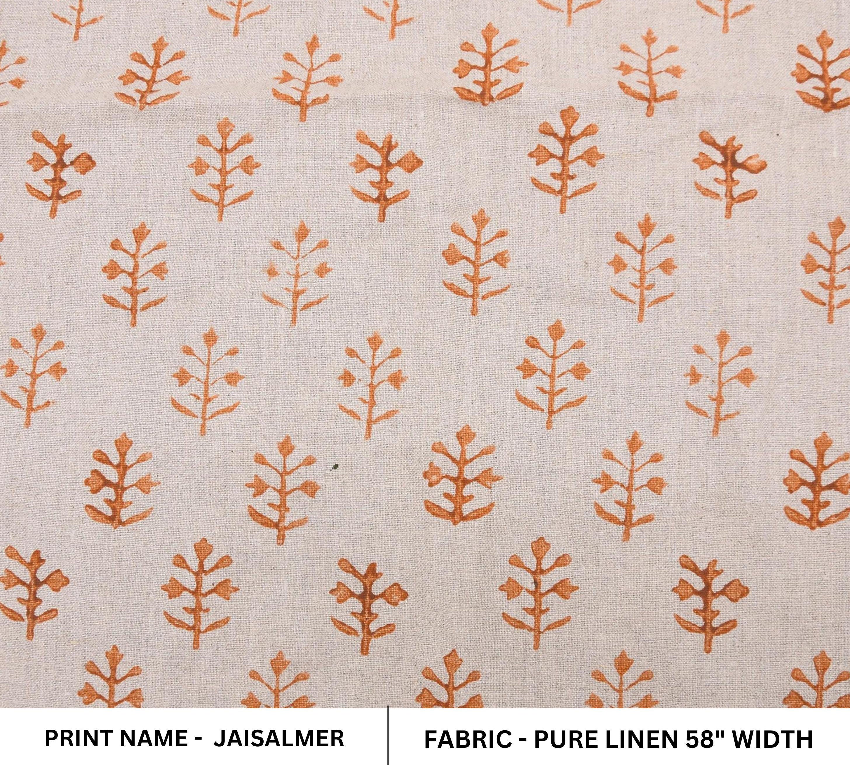 Linen Block Print Fabric 58 Inch Width Medium Weight Linen Natural Base Color Curtains and Drapes Upholstery Handmade Art Pillow Covers Tablecloths and Runners Bedding Tote Bag Lampshades Napkins by Fabritual