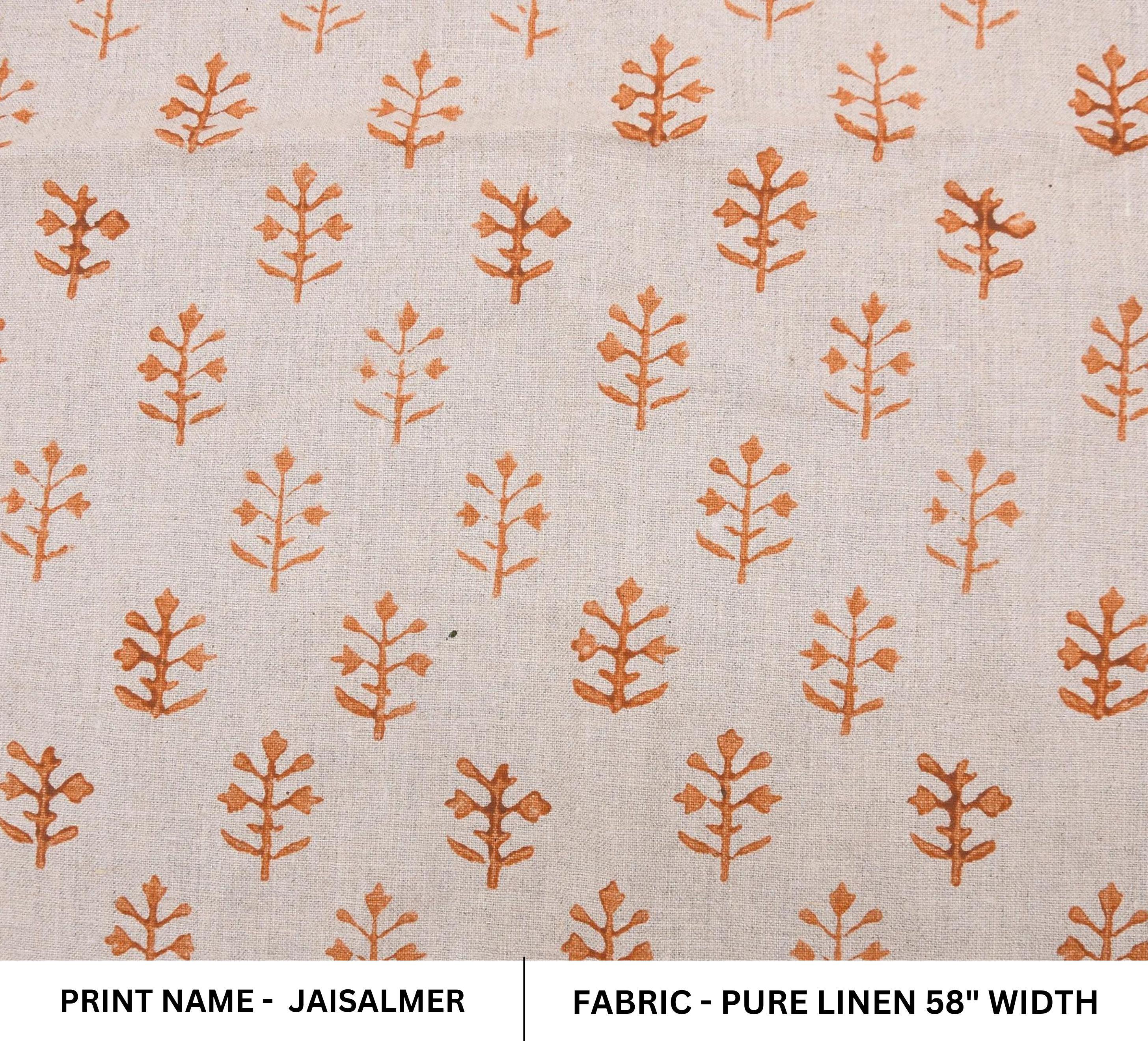 Linen Block Print Fabric 58 Inch Width Medium Weight Linen Natural Base Color Curtains and Drapes Upholstery Handmade Art Pillow Covers Tablecloths and Runners Bedding Tote Bag Lampshades Napkins by Fabritual