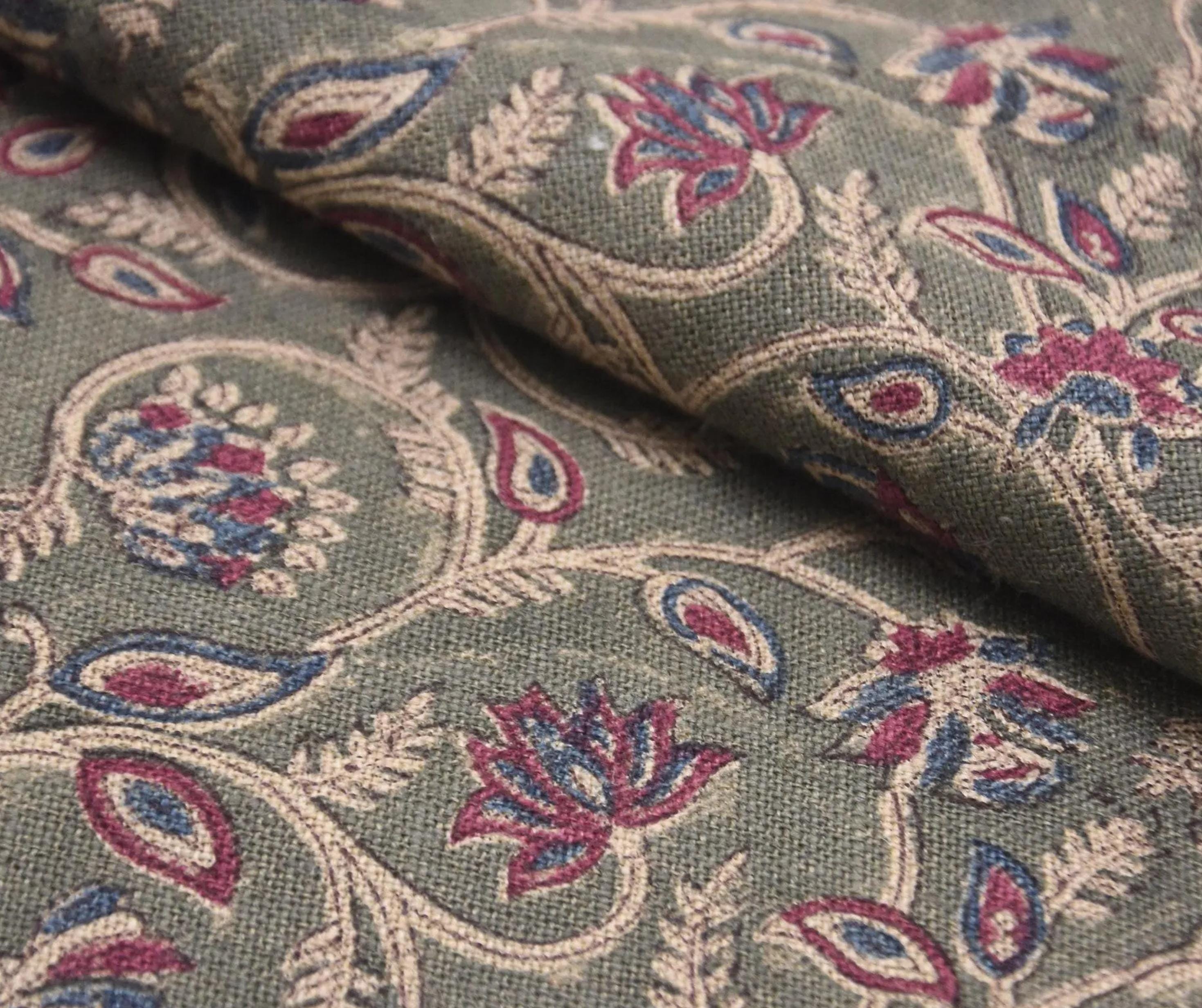 Linen Block Print Fabric 58 Inch Width Medium Weight Linen Natural Base Color Curtains and Drapes Upholstery Handmade Art Pillow Covers Tablecloths and Runners Bedding Tote Bag Lampshades Napkins by Fabritual