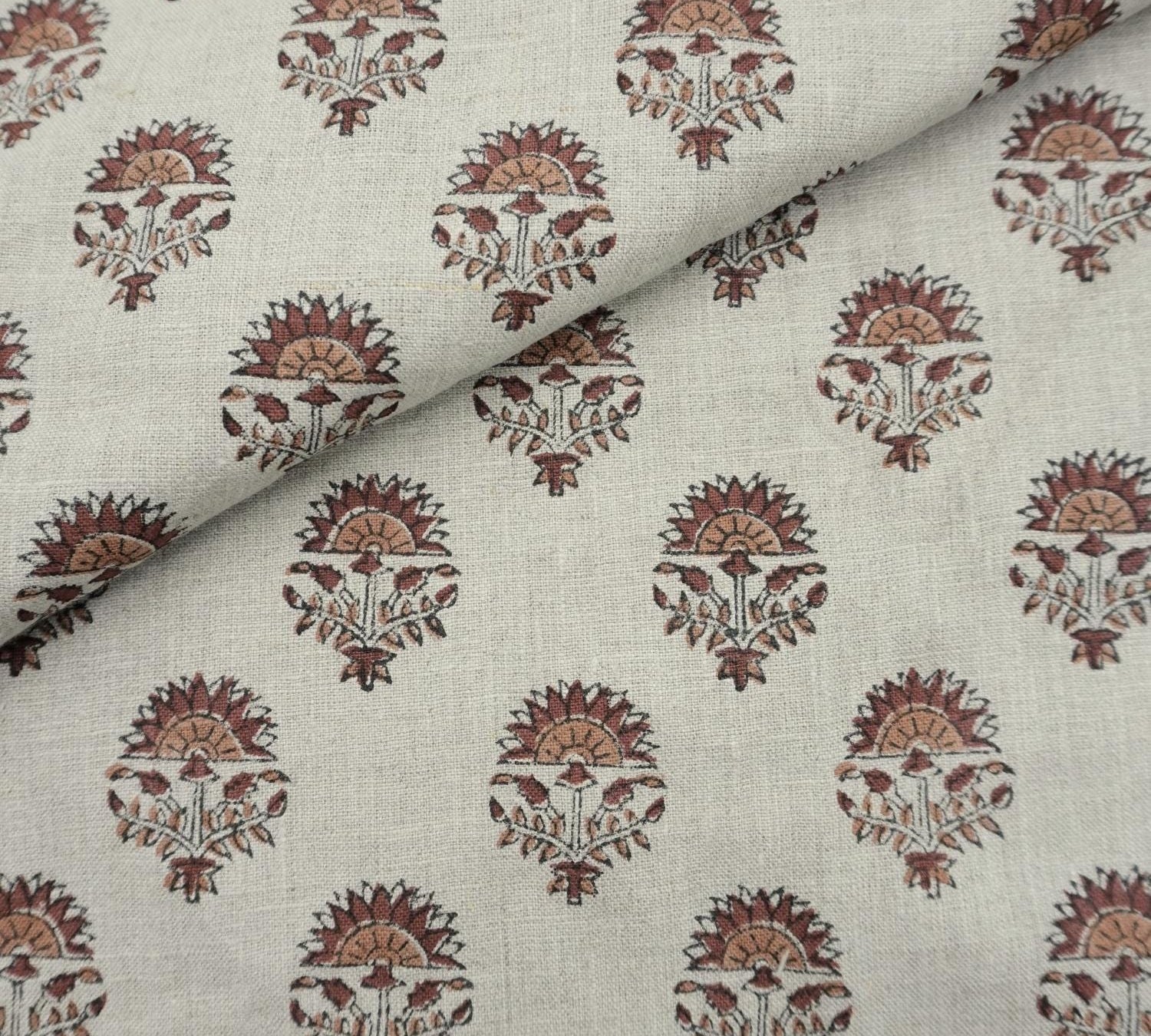 Linen Block Print Fabric 58 Inch Width Medium Weight Linen Natural Base Color Curtains and Drapes Upholstery Handmade Art Pillow Covers Tablecloths and Runners Bedding Tote Bag Napkins by Fabritual