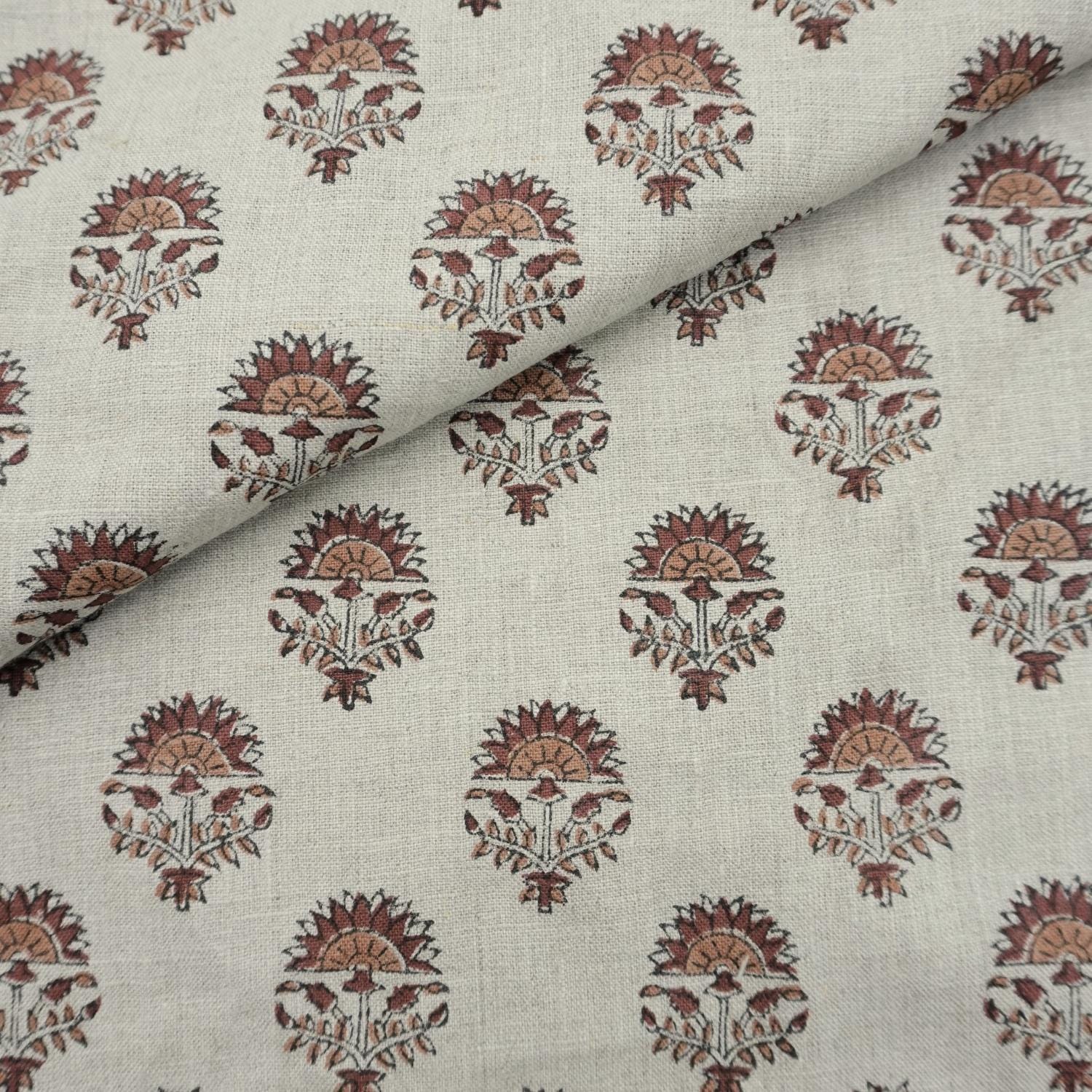 Linen Block Print Fabric 58 Inch Width Medium Weight Linen Natural Base Color Curtains and Drapes Upholstery Handmade Art Pillow Covers Tablecloths and Runners Bedding Tote Bag Napkins by Fabritual