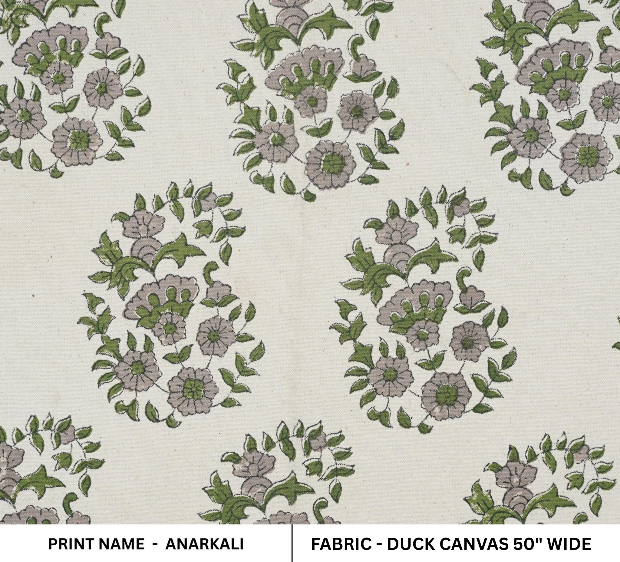 Hand-Stamped Block Printed Beige and Green Floral Duck Canvas Fabric for Curtains & Window Treatments – ANARKALI