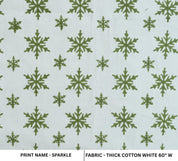 Pattern of green snowflakes on a light blue background with fabric information at the bottom.