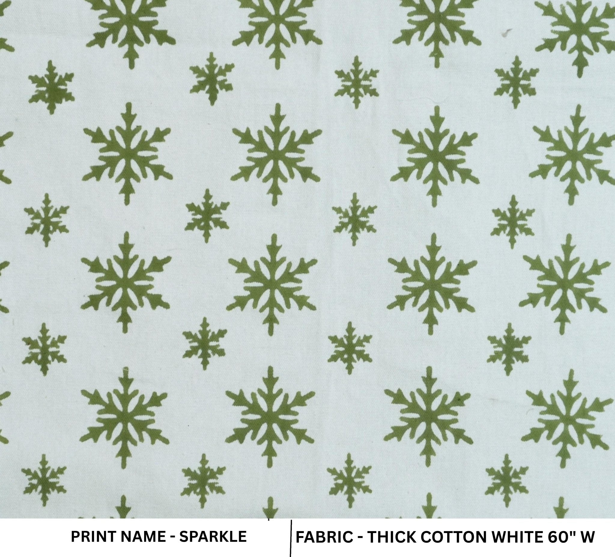 Pattern of green snowflakes on a light blue background with fabric information at the bottom.